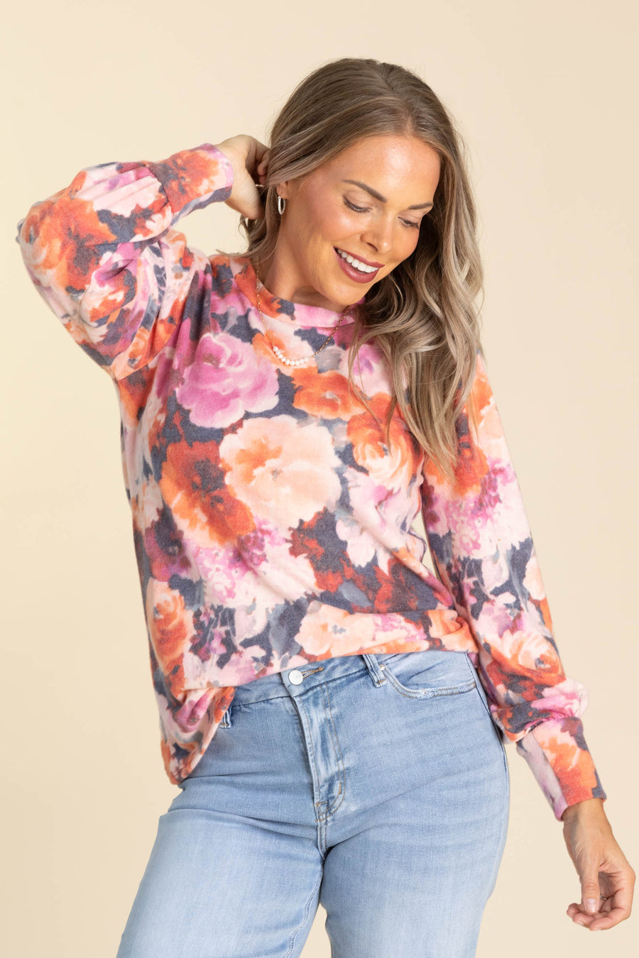 Pink Floral Brushed Hacci Long Sleeve Knit Top