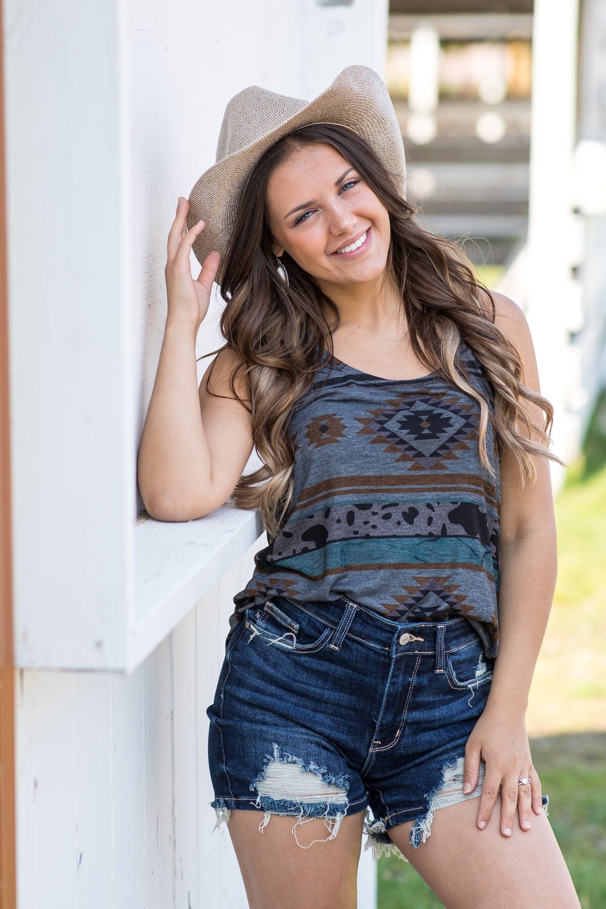 Charcoal Aztec Print Round Neck Tank - Filly Flair