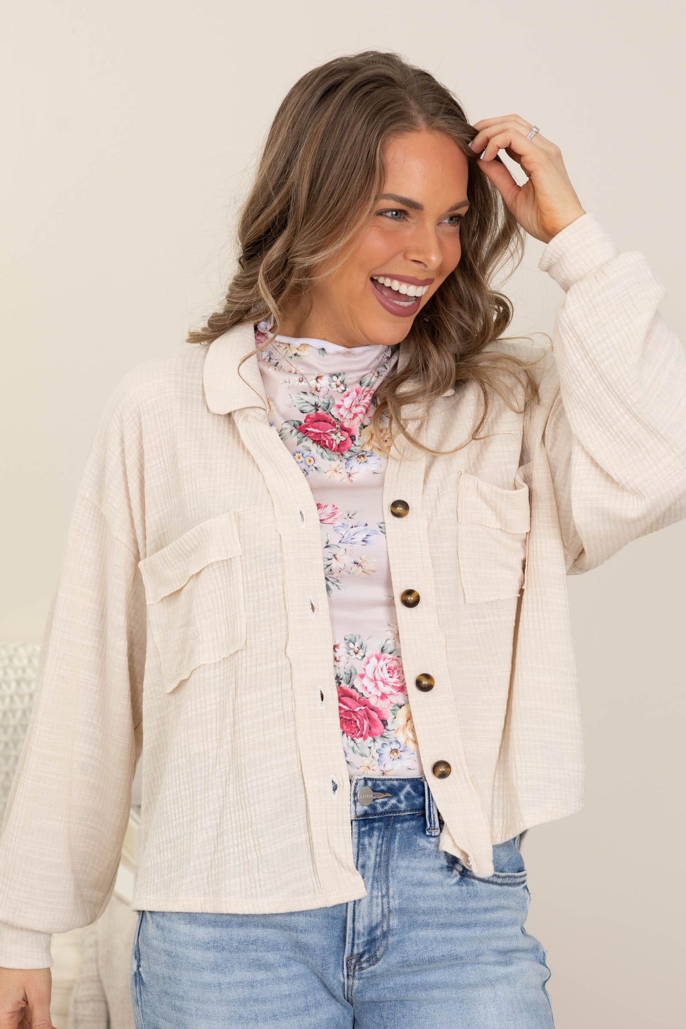 Beige Rib Kit Button Up Jacket