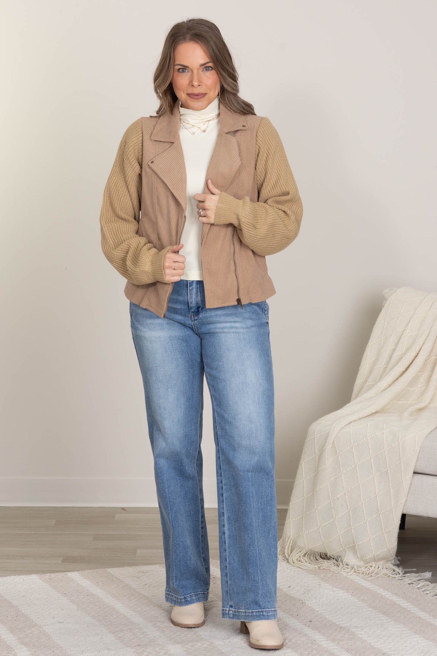 Mocha Corduroy Sweater Sleeve  Zip Up Jacket