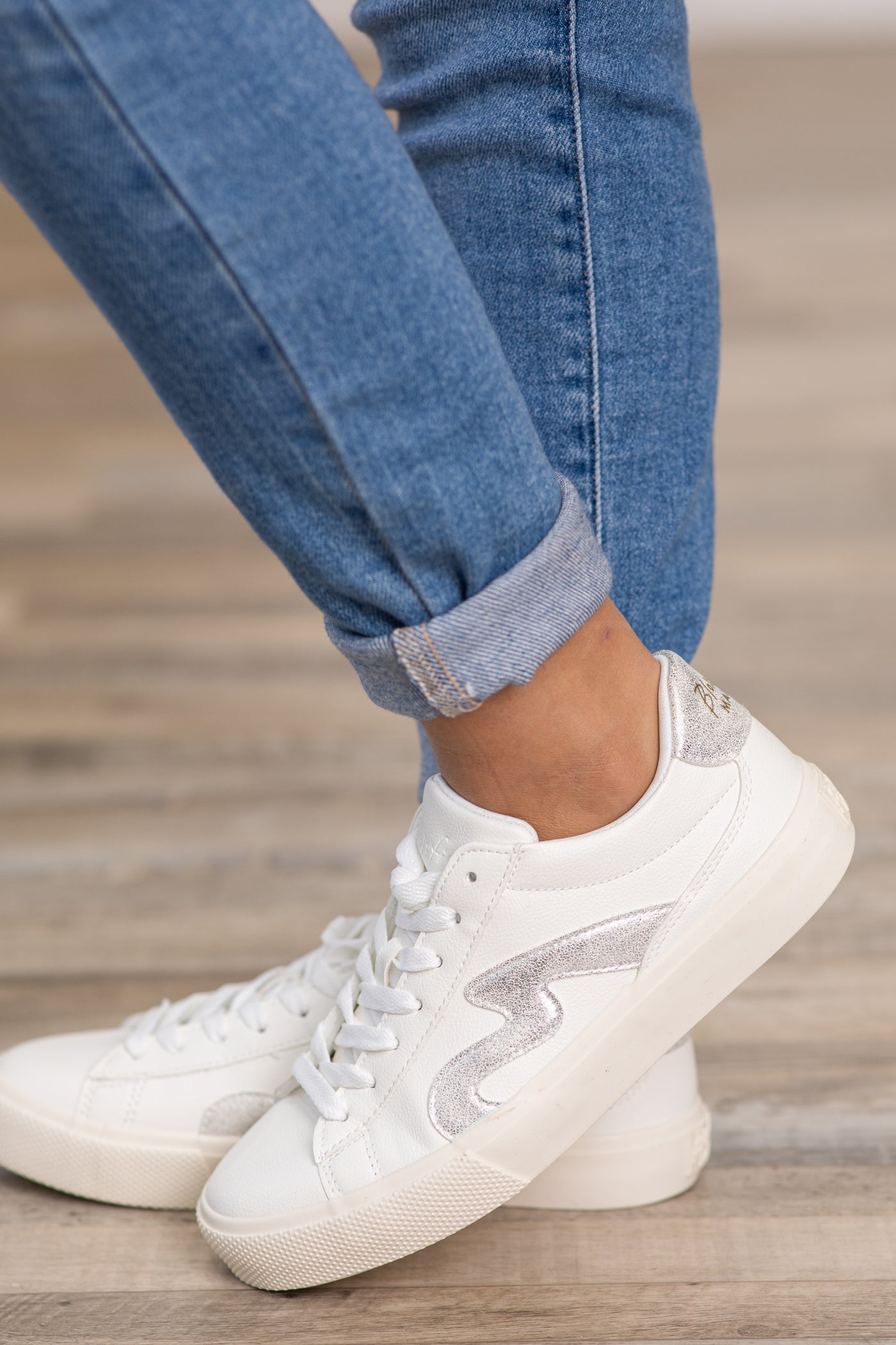 White Sneakers With Silver Swoosh Detail