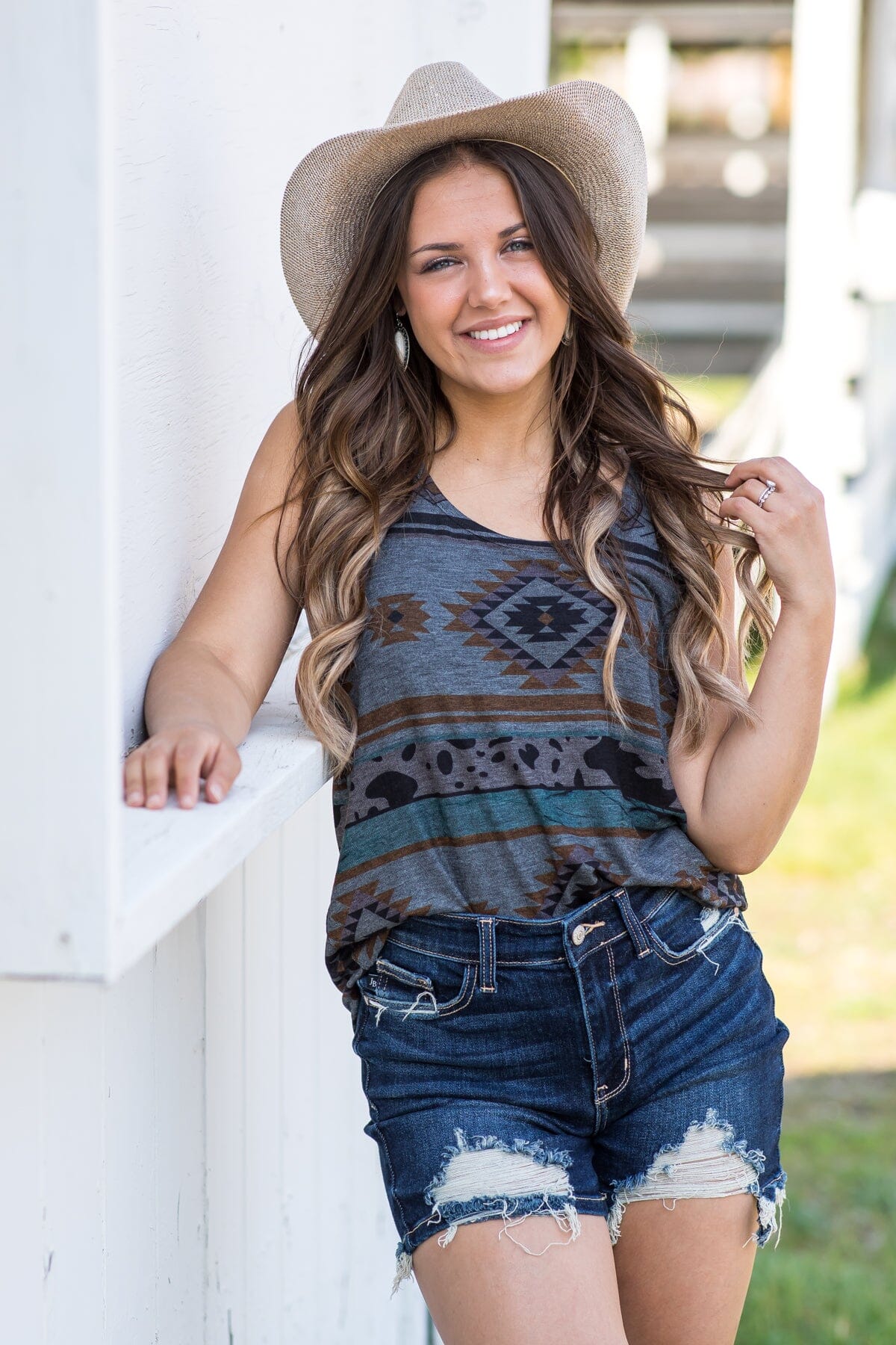 Charcoal Aztec Print Round Neck Tank - Filly Flair