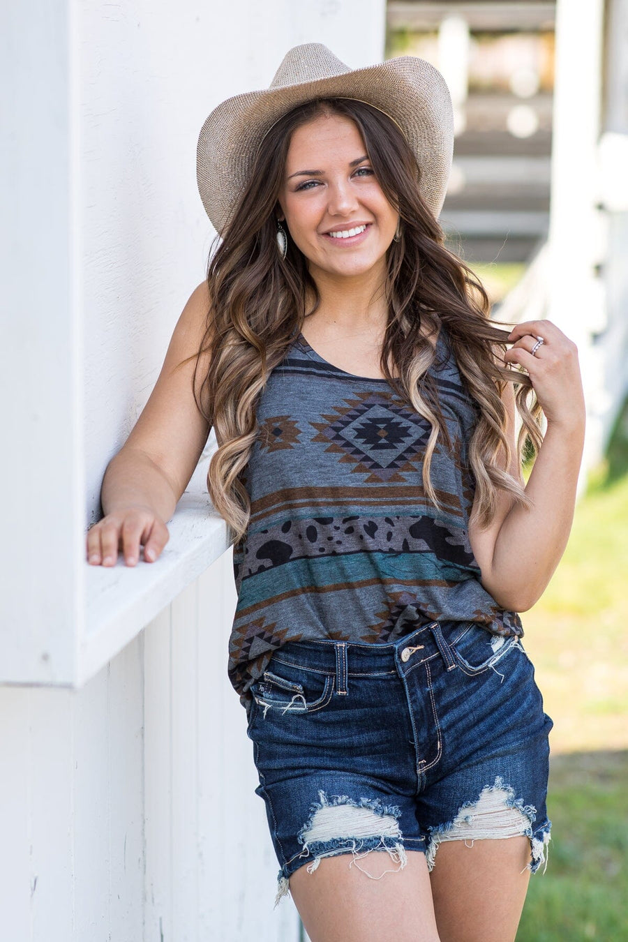 Charcoal Aztec Print Round Neck Tank - Filly Flair