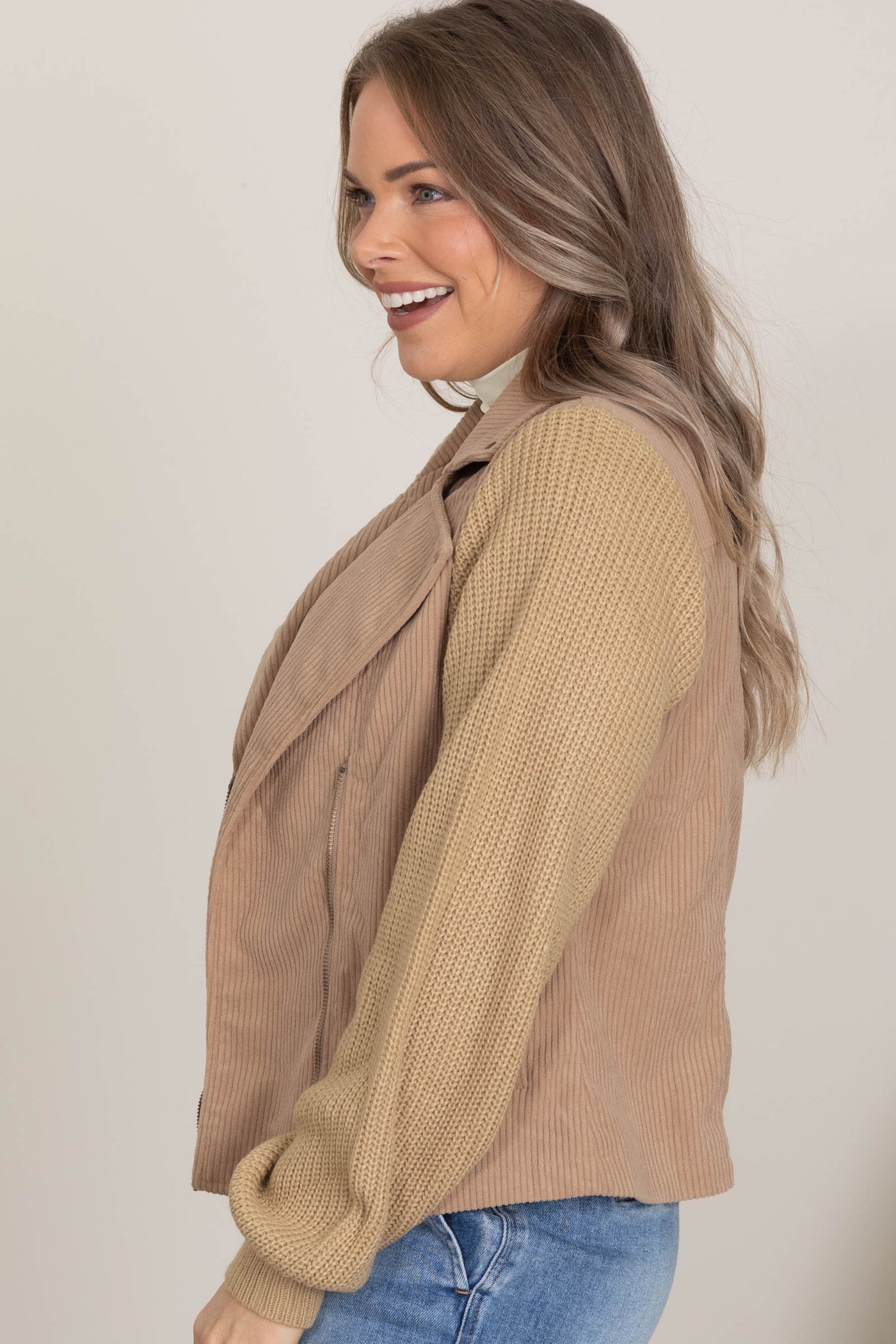 Mocha Corduroy Sweater Sleeve  Zip Up Jacket