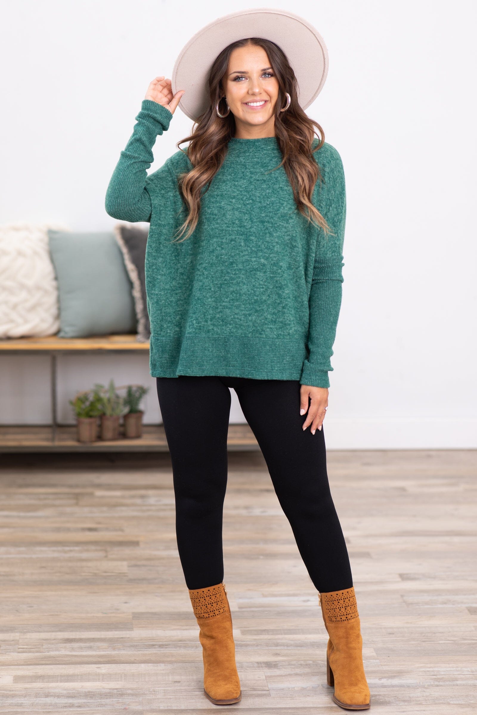 Emerald Melange Hacci Knit Dolman Sleeve Top - Filly Flair