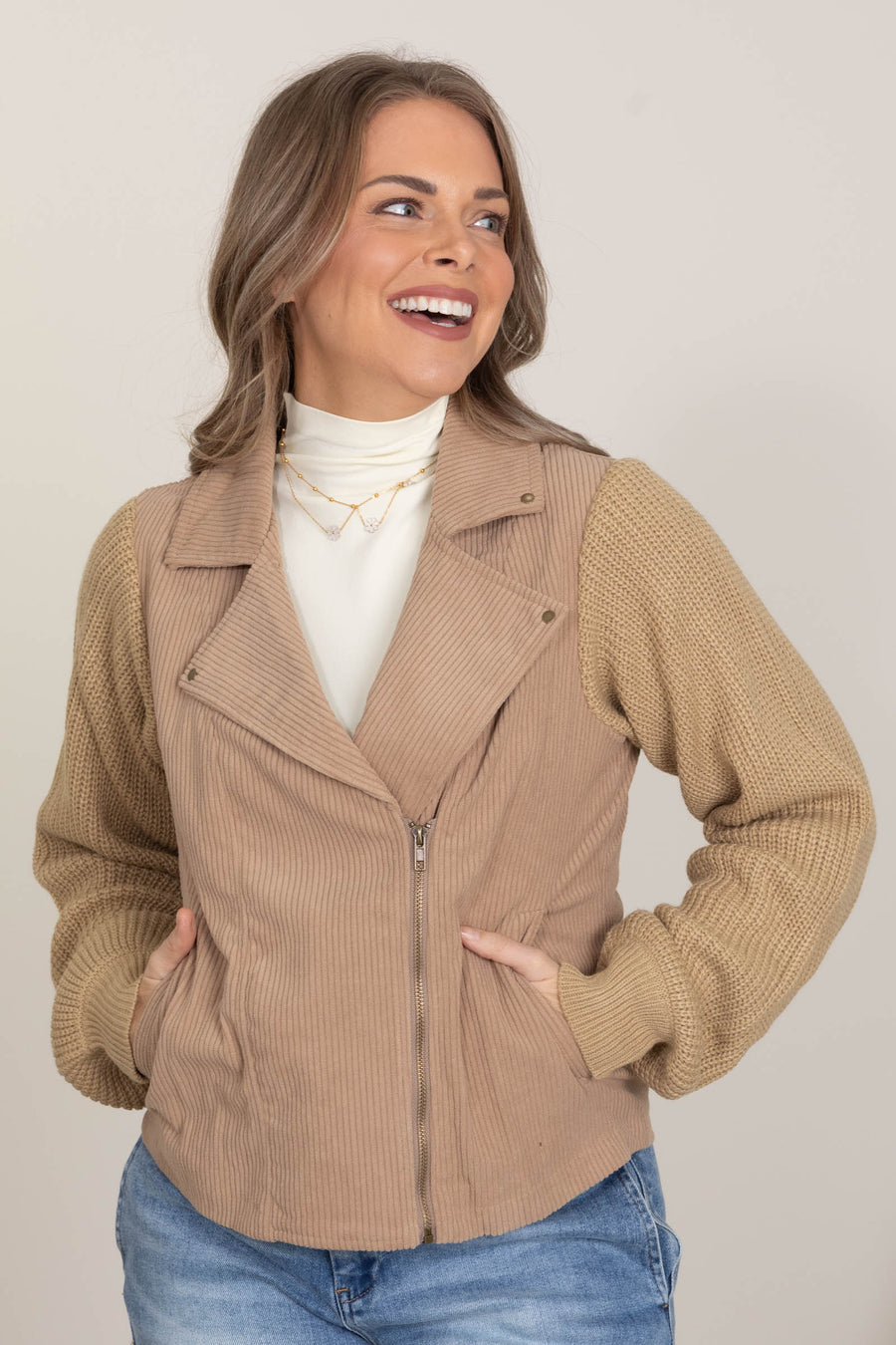 Mocha Corduroy Sweater Sleeve  Zip Up Jacket