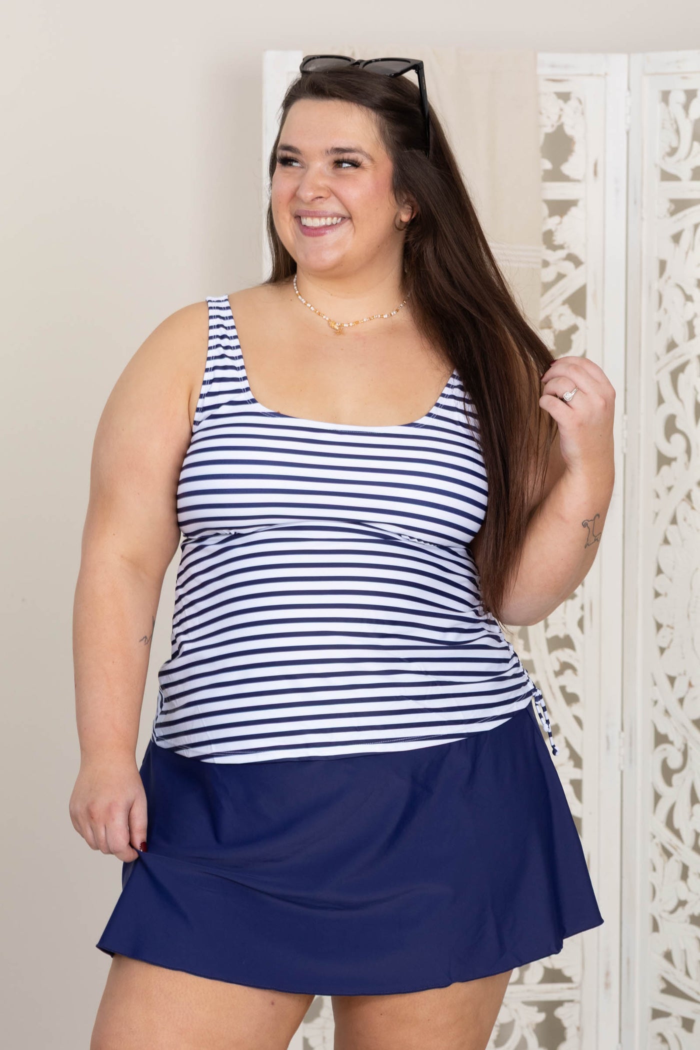 Navy Stripe Tankini and Skort Two Piece Swimsuit