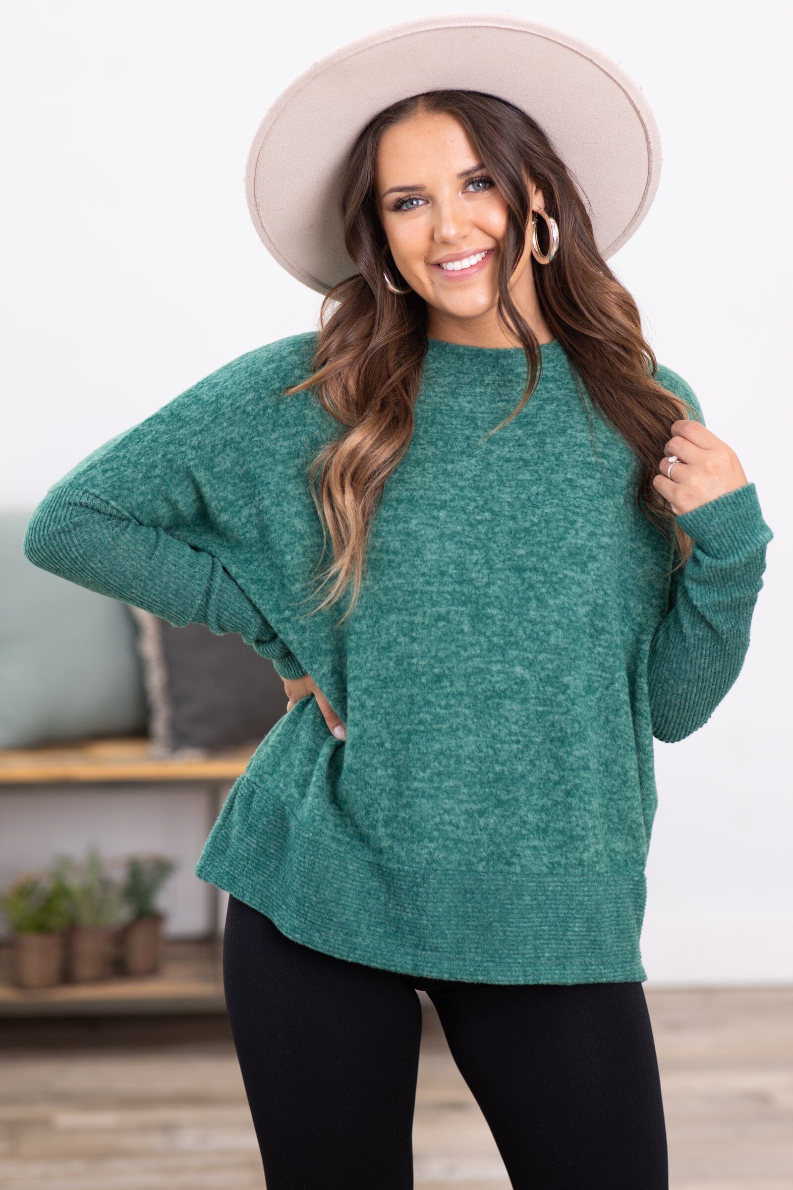 Emerald Melange Hacci Knit Dolman Sleeve Top - Filly Flair