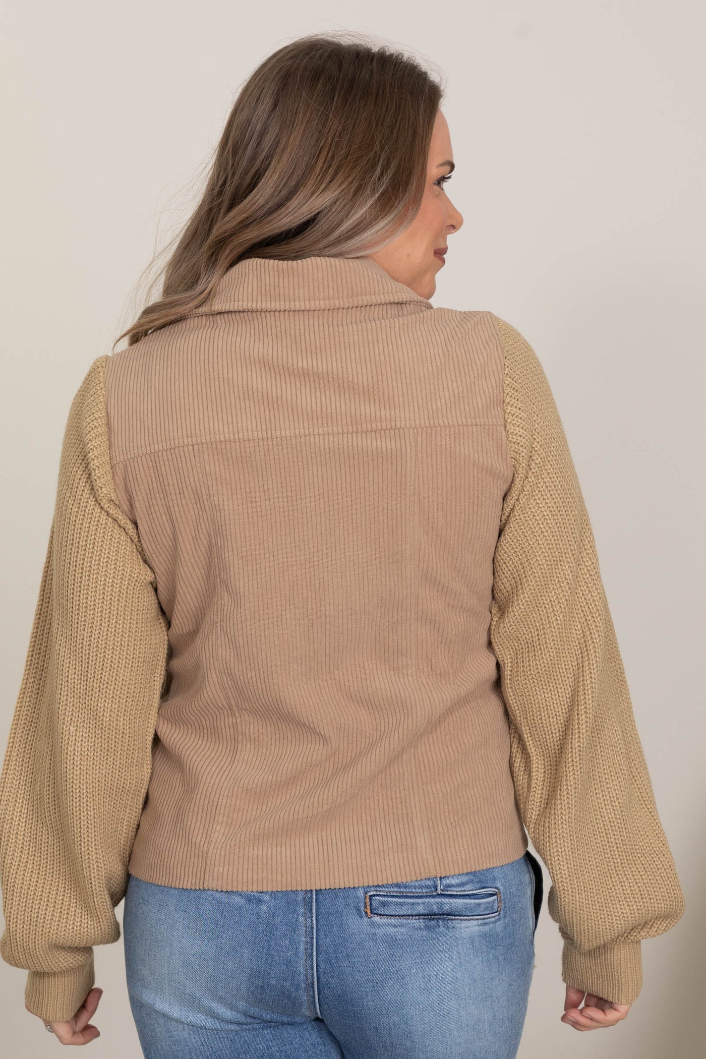 Mocha Corduroy Sweater Sleeve  Zip Up Jacket