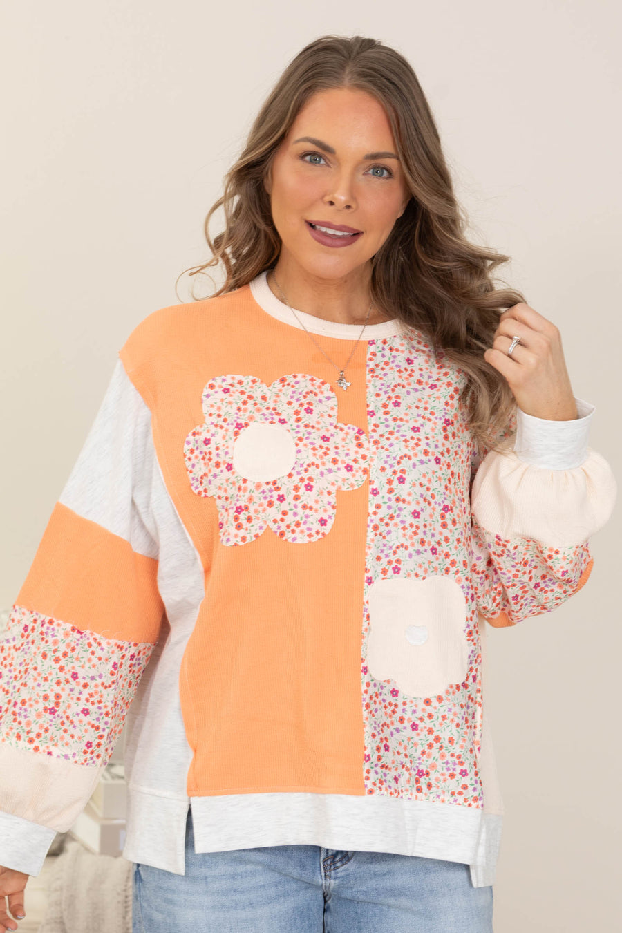 Peach And Orange Floral Patchwork Knit Top