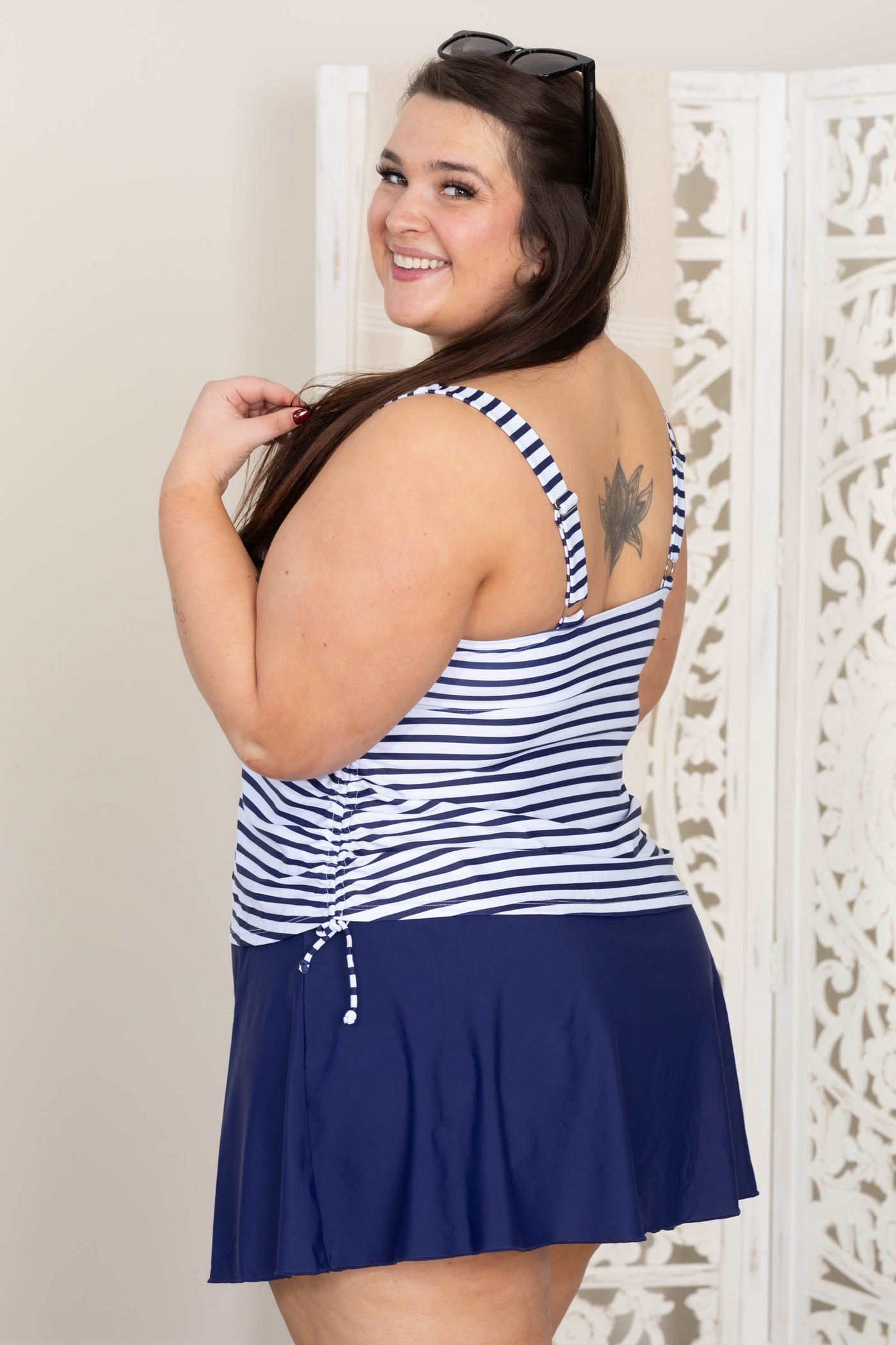 Navy Stripe Tankini and Skort Two Piece Swimsuit