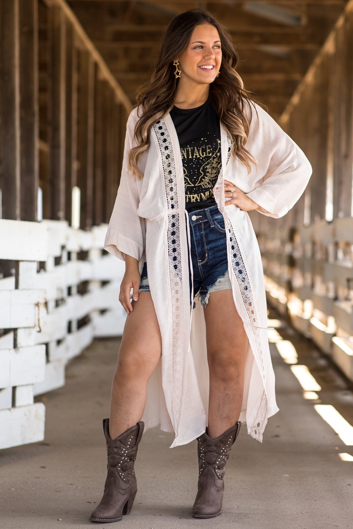 Beige Crochet Trim Duster Length Kimono · Filly Flair