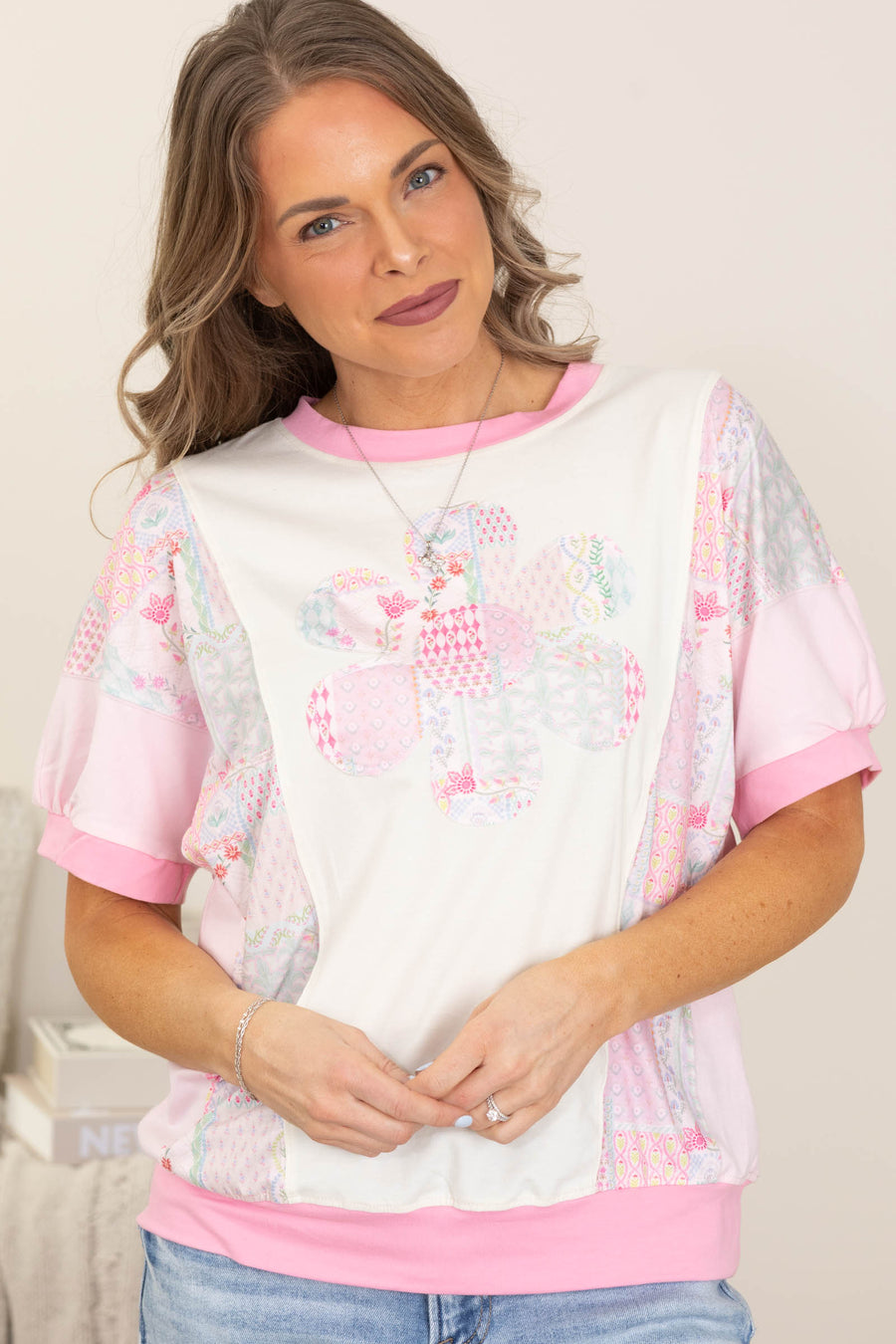 Cream And Pink Boho Patchwork Flower Knit Top