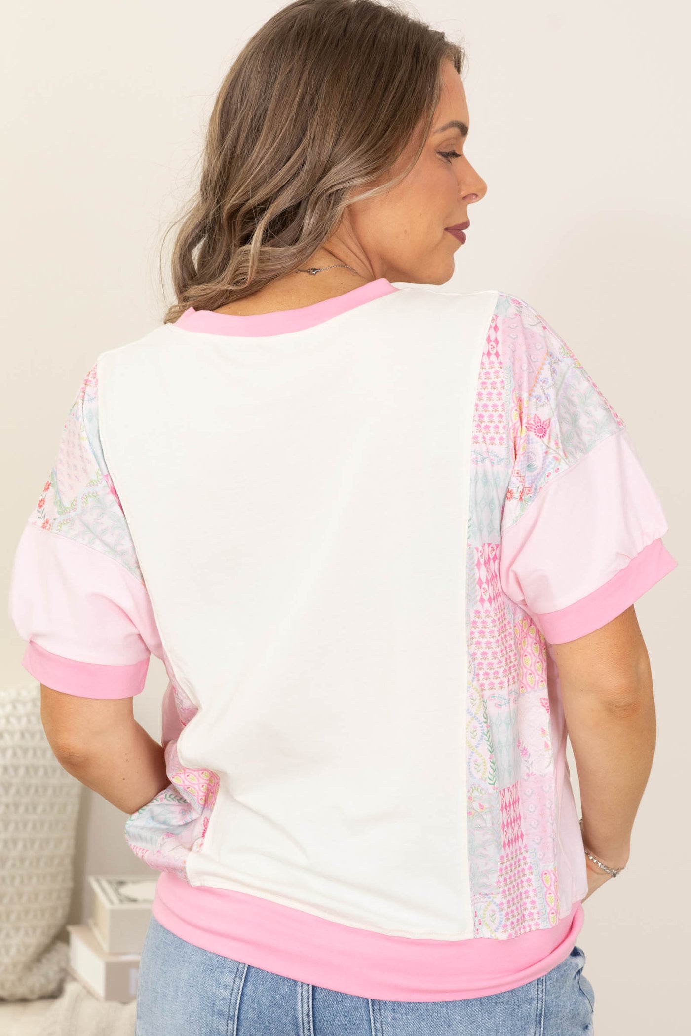 Cream And Pink Boho Patchwork Flower Knit Top