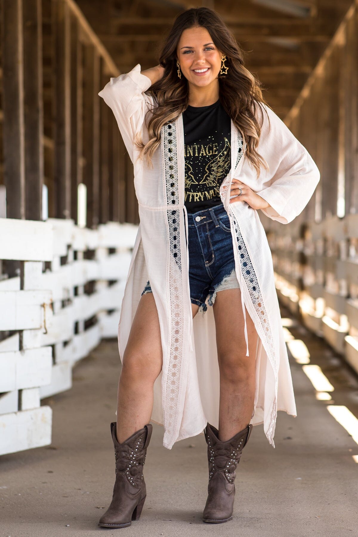 Beige Crochet Trim Duster Length Kimono · Filly Flair