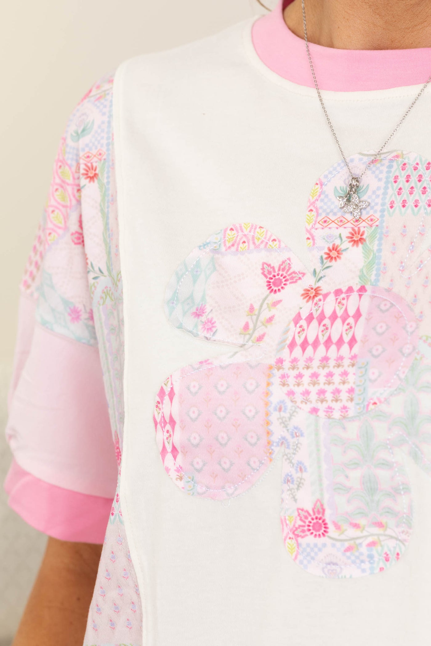Cream And Pink Boho Patchwork Flower Knit Top