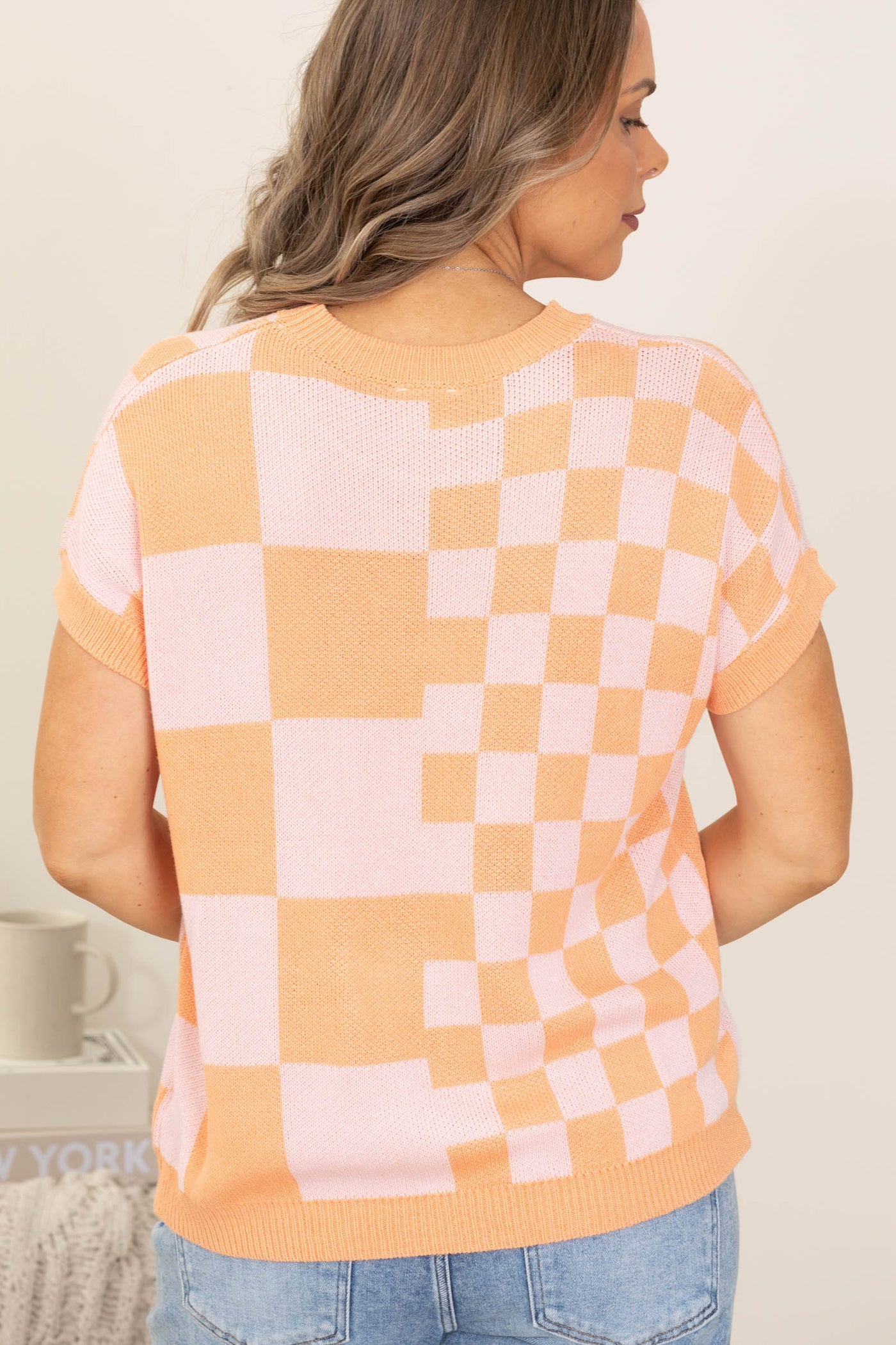 Orange and Pink Dolman Sleeve Checker Knit Top
