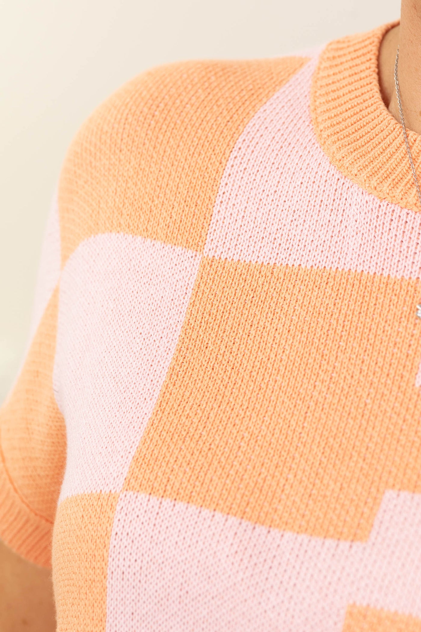 Orange and Pink Dolman Sleeve Checker Knit Top