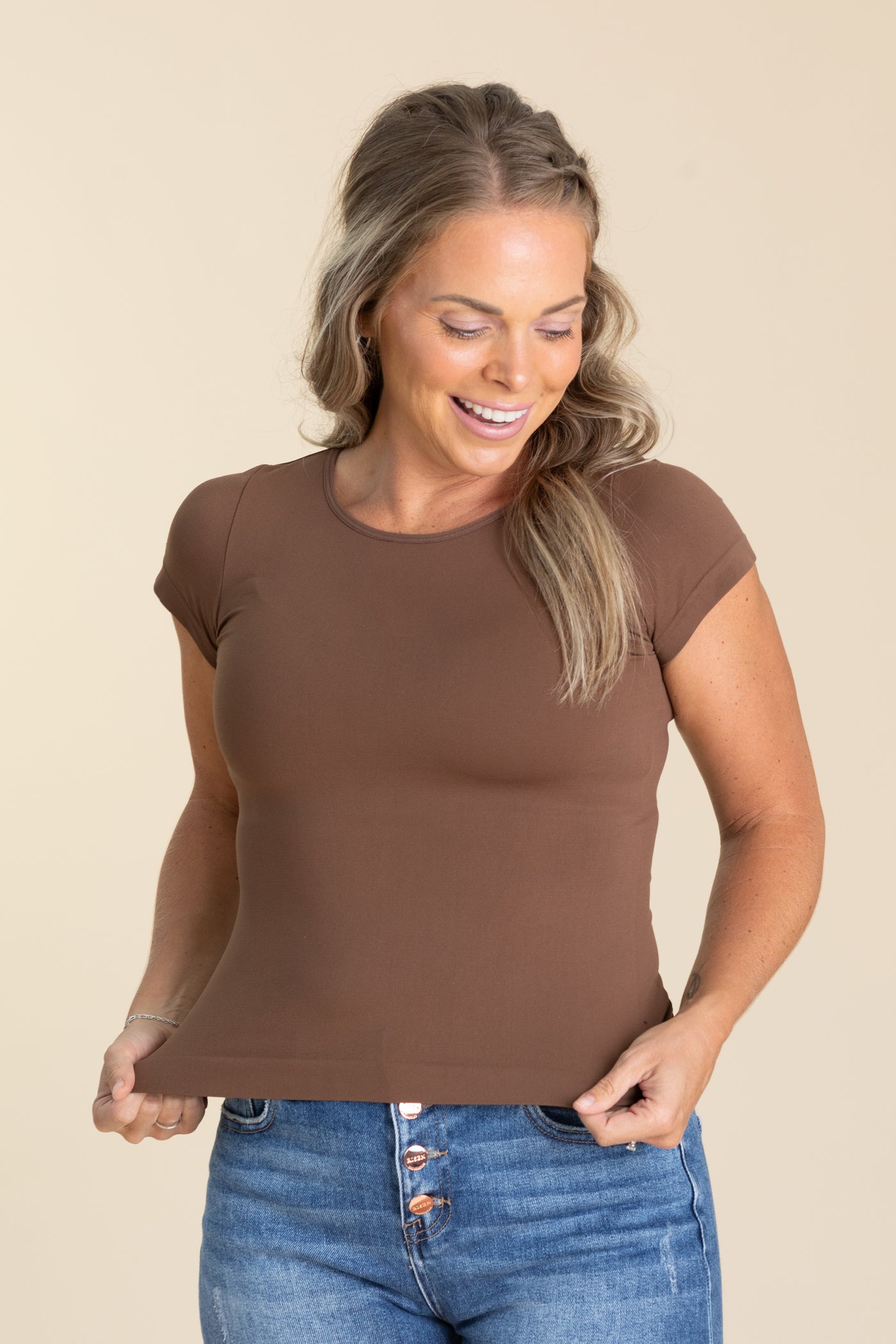 Seamless Crewneck Short Sleeve Knit Top