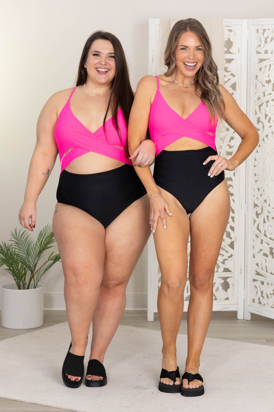 Hot Pink and Black One Piece Swimsuit With Cutout