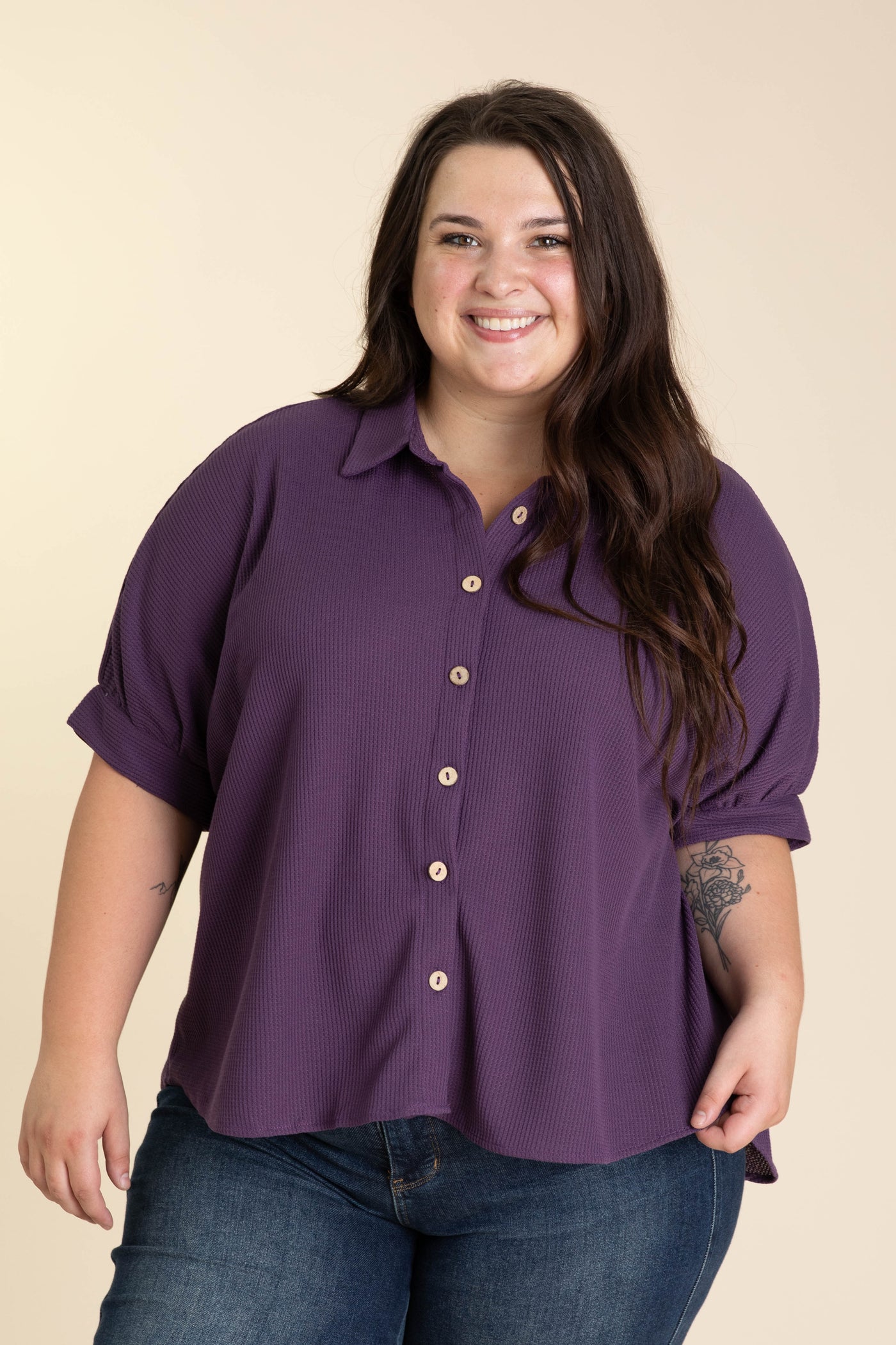 Plum Waffle Short Sleeve Button Down Knit Top