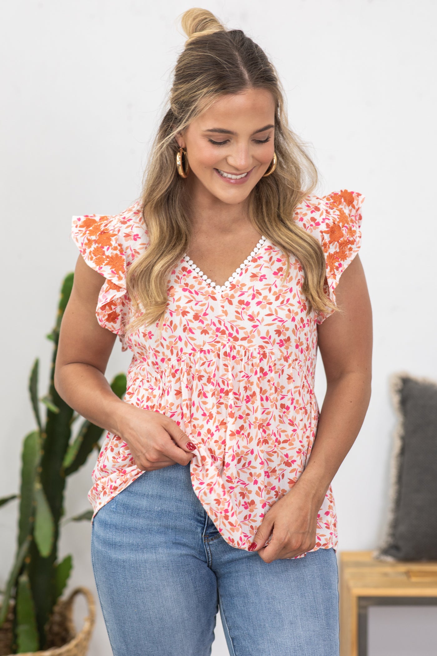 Ivory And Peach Floral Detail Woven Top