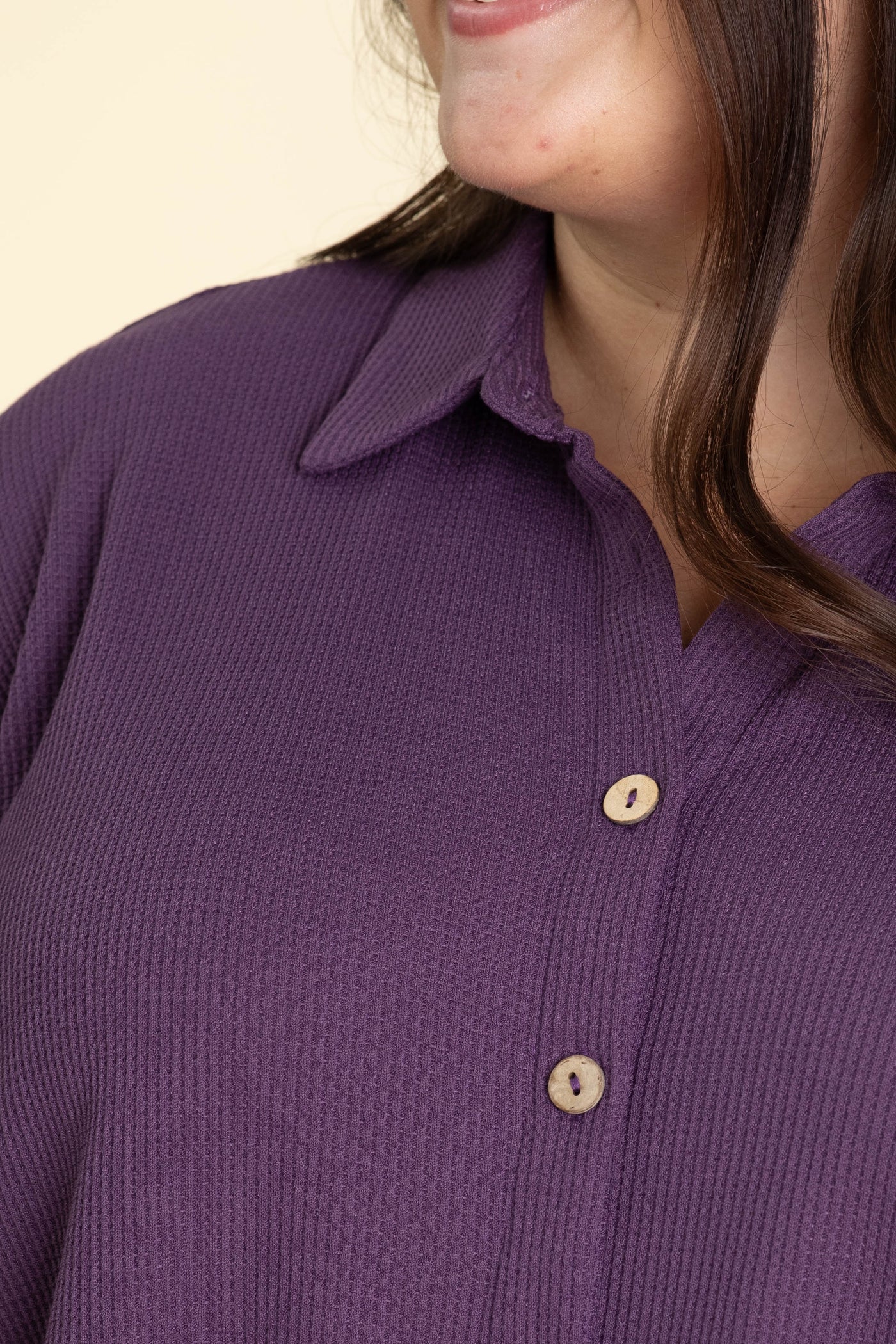 Plum Waffle Short Sleeve Button Down Knit Top