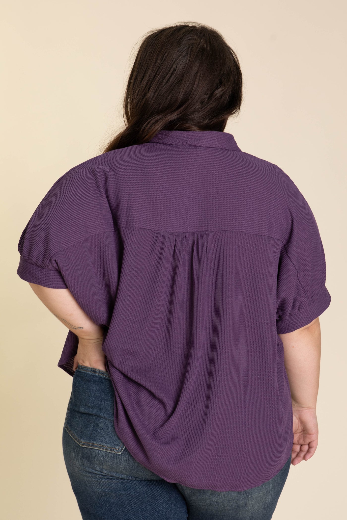 Plum Waffle Short Sleeve Button Down Knit Top