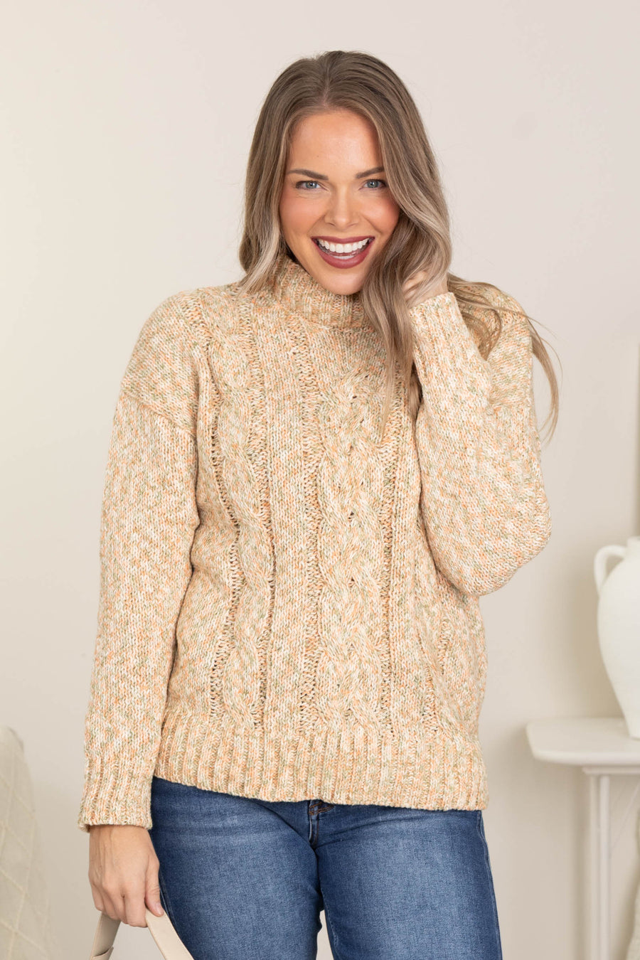 Peach Chunky Cable Knit Mock Neck Sweater