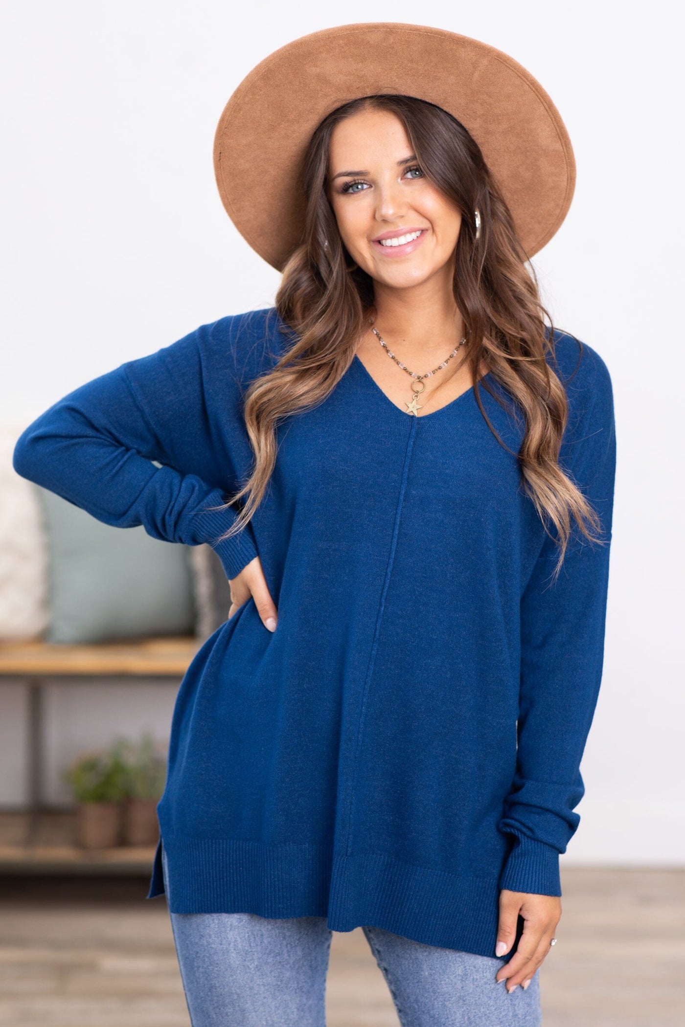 Navy Front Seam Garment Dyed Sweater - Filly Flair