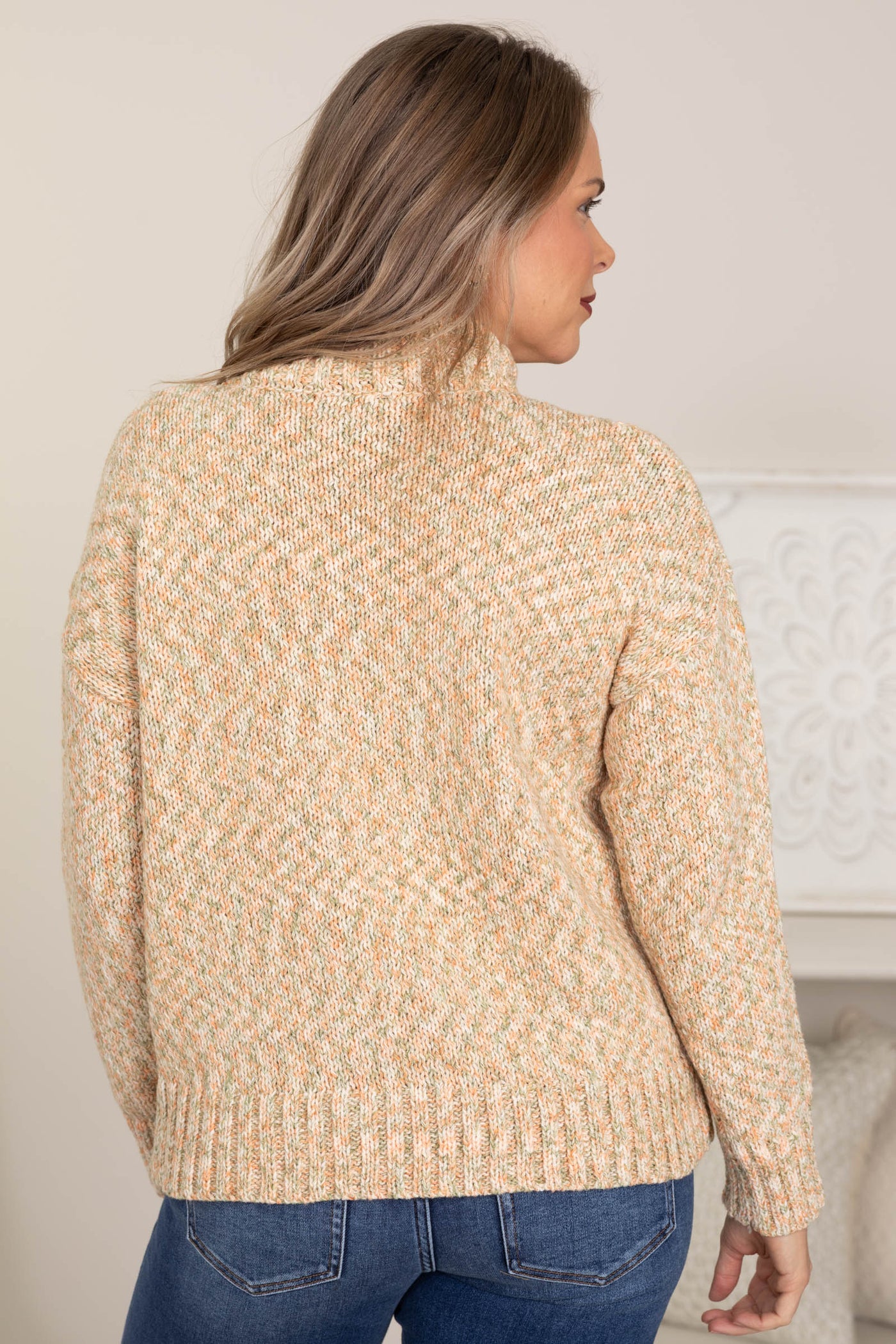Peach Chunky Cable Knit Mock Neck Sweater