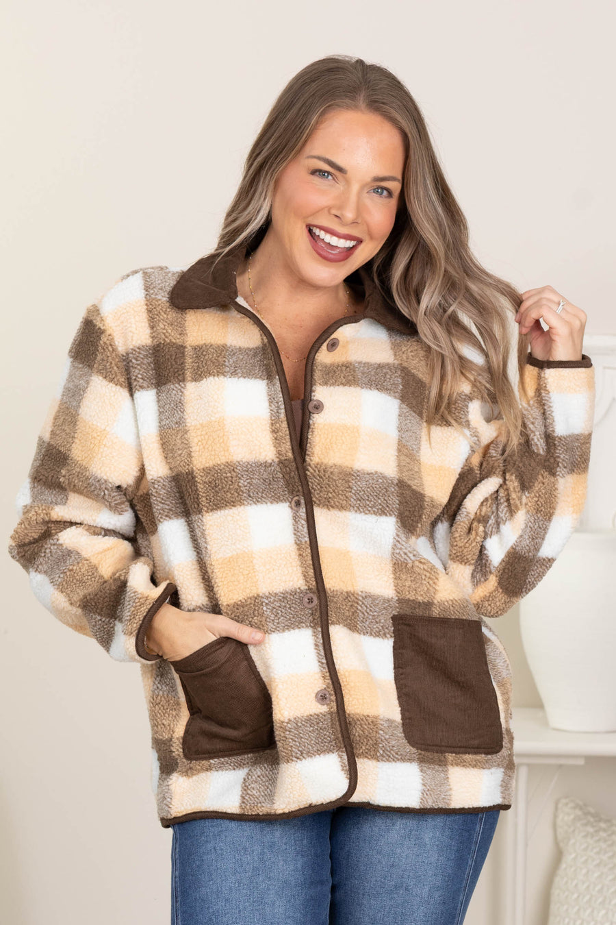 Brown And Peach Plaid Sherpa Fleece Jacket