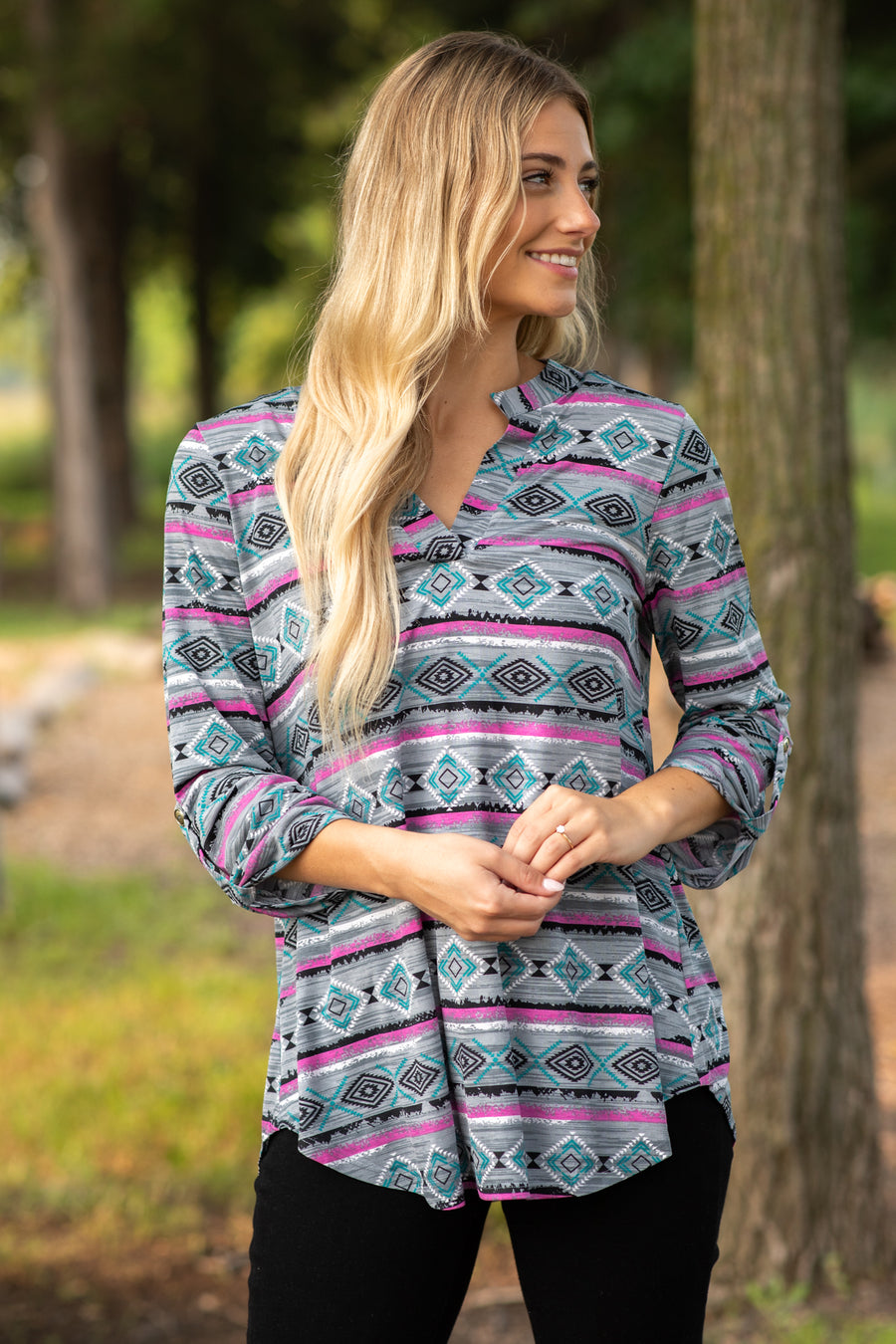 Grey And Magenta Print Wrinkle Free Lizzy Top