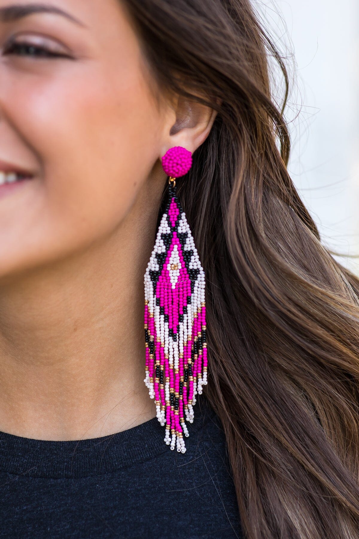 Fuchsia and Ivory Aztec Seed Bead Earrings - Filly Flair