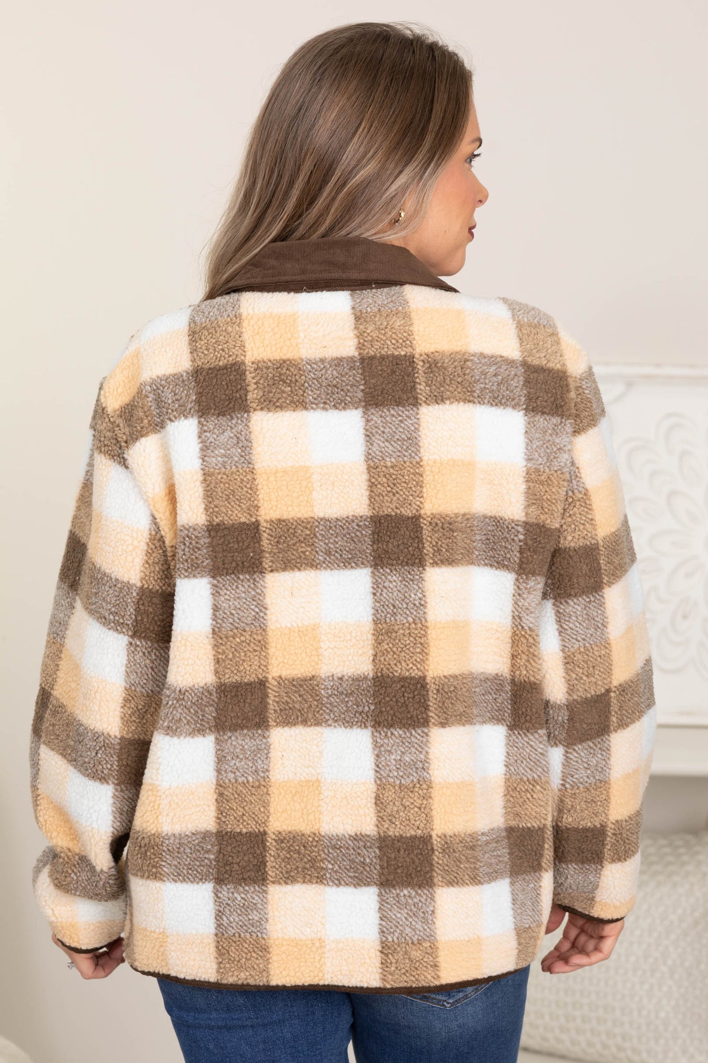 Brown And Peach Plaid Sherpa Fleece Jacket