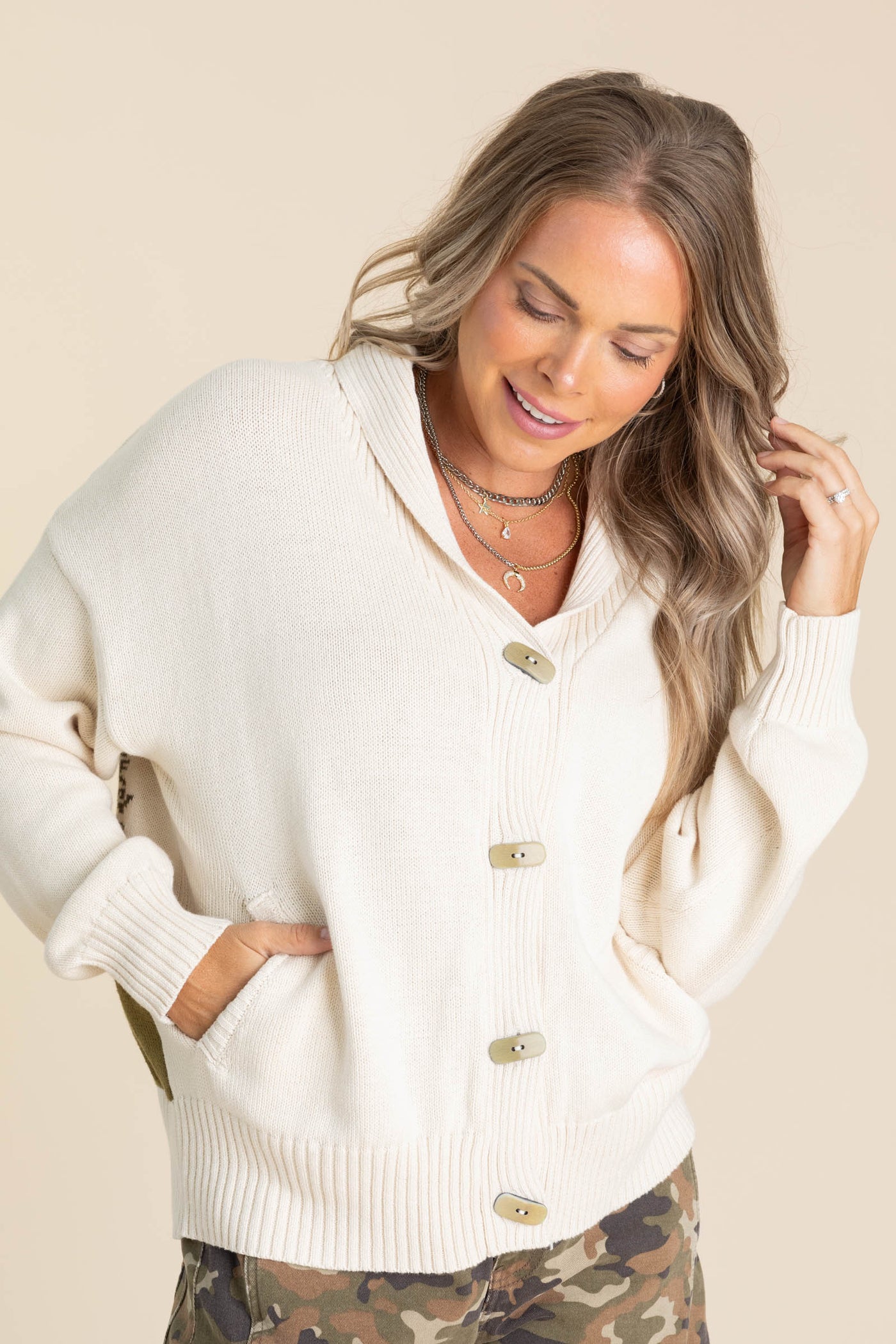 Ivory Camp Jacquard Toggle Button Cardigan