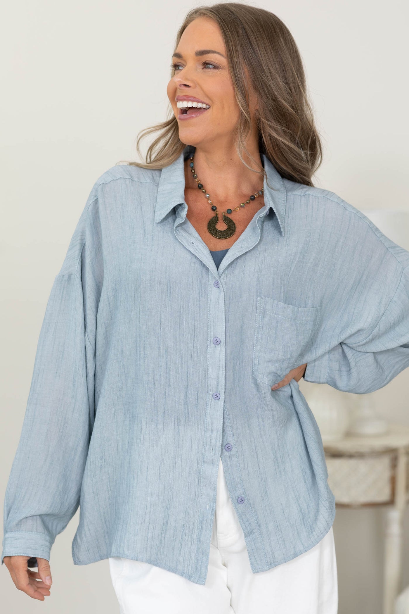 Cotierra Soft Linen Feel Button Up Top