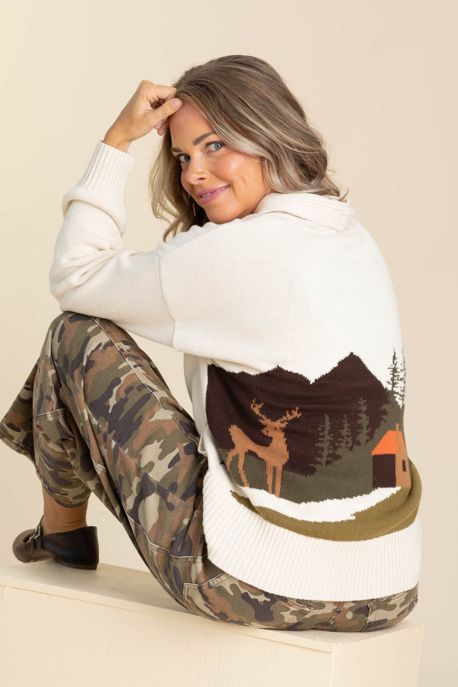 Ivory Camp Jacquard Toggle Button Cardigan