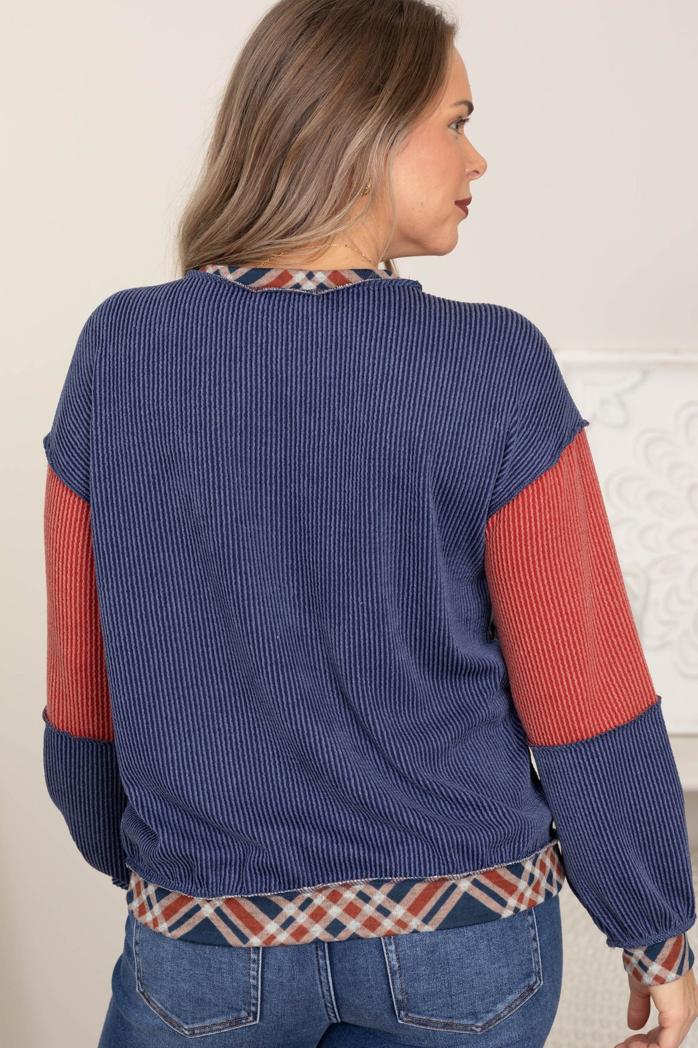 Rust and Navy Plaid Colorblock Rib Knit Top