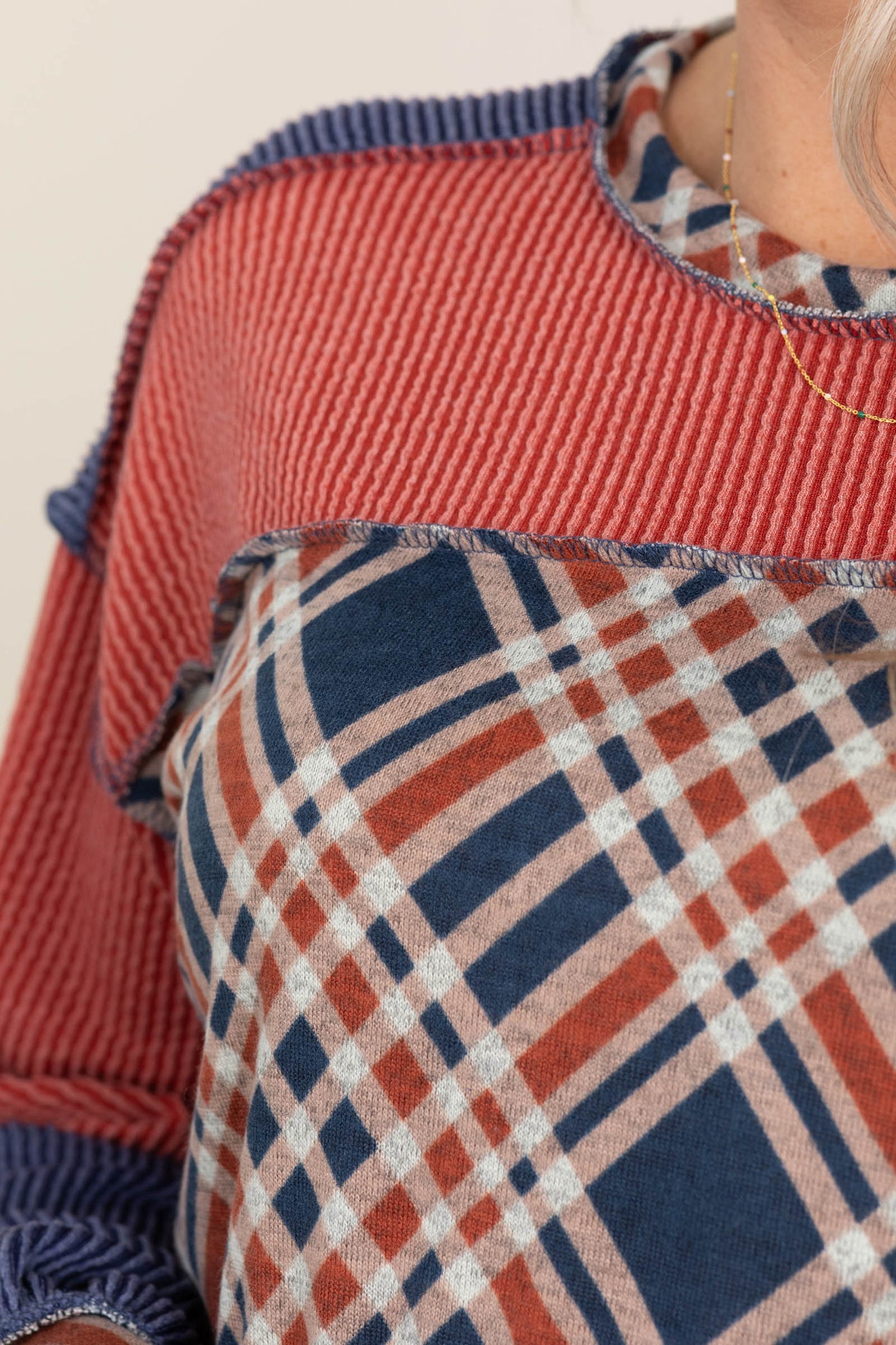 Rust and Navy Plaid Colorblock Rib Knit Top