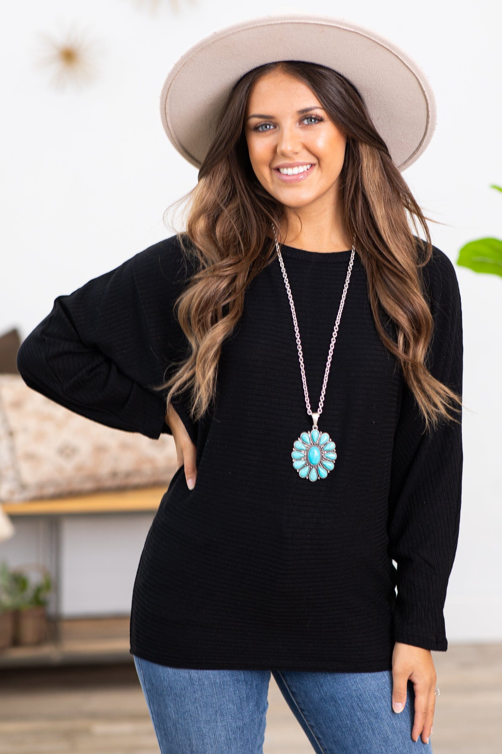 Black Ribbed Dolman Sleeve Lightweight Sweater - Filly Flair