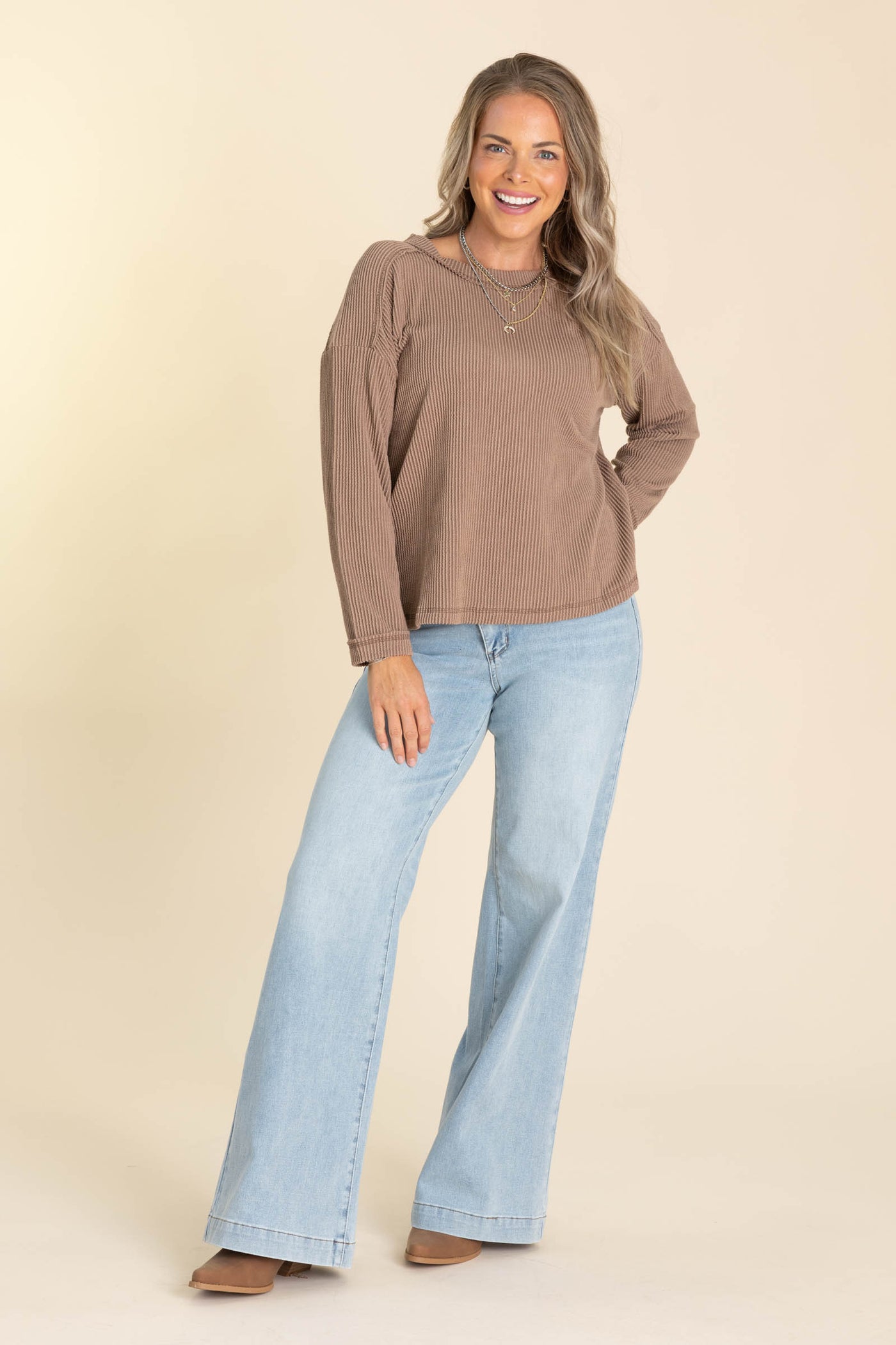 Crewneck Ribbed Long Sleeve Knit Tops