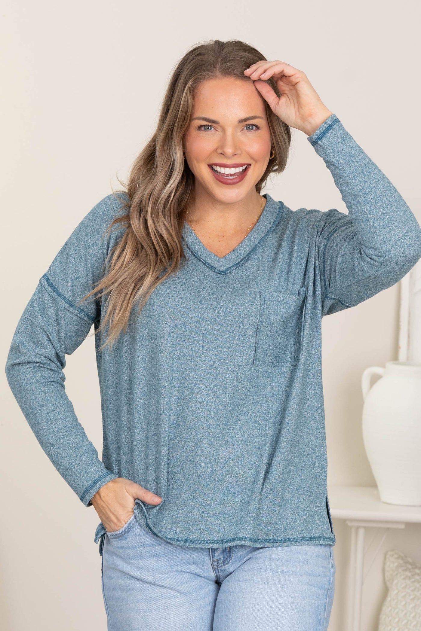 Soft Melange Hacci Exposed Seam Knit Top