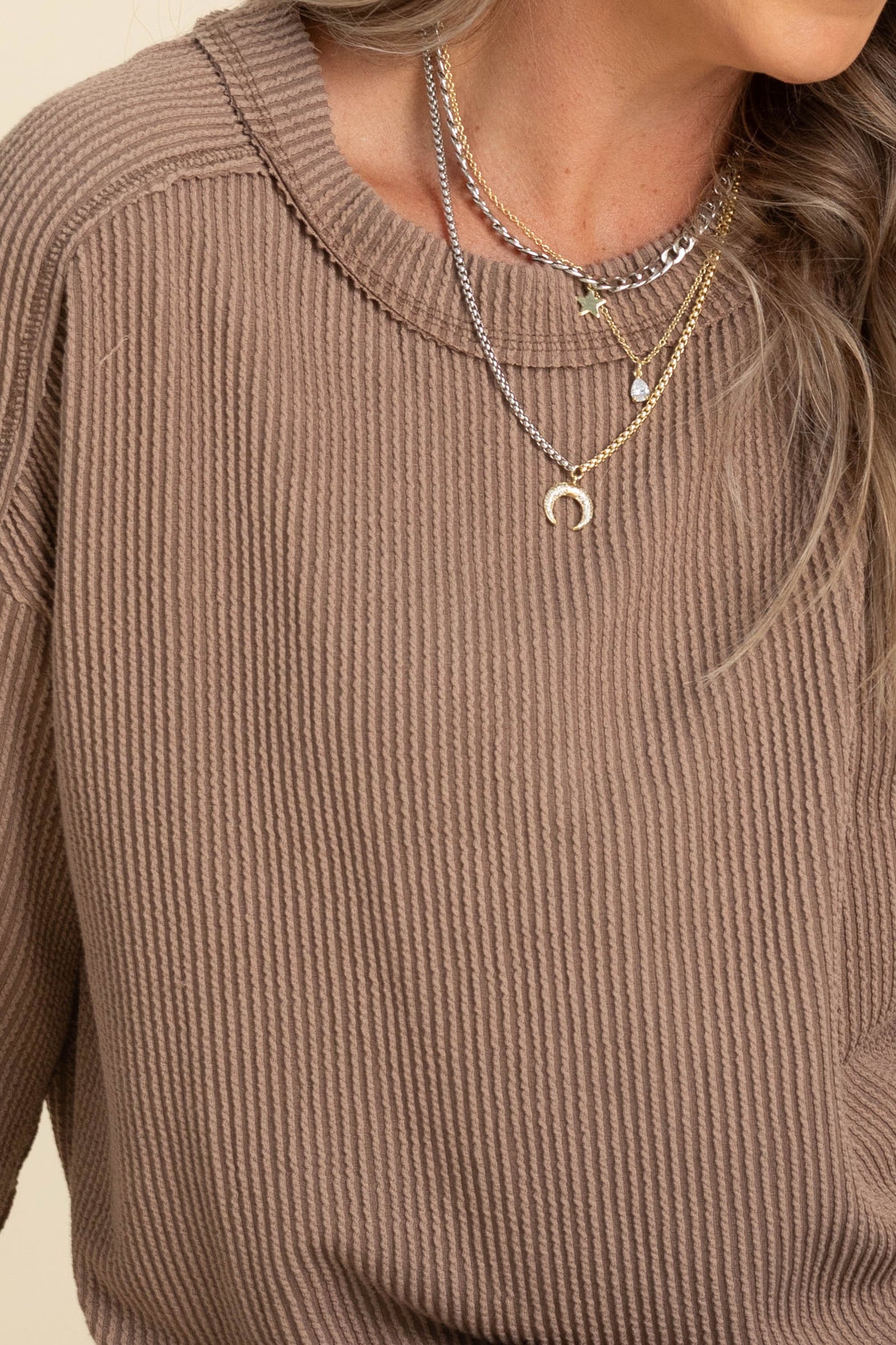 Crewneck Ribbed Long Sleeve Knit Tops