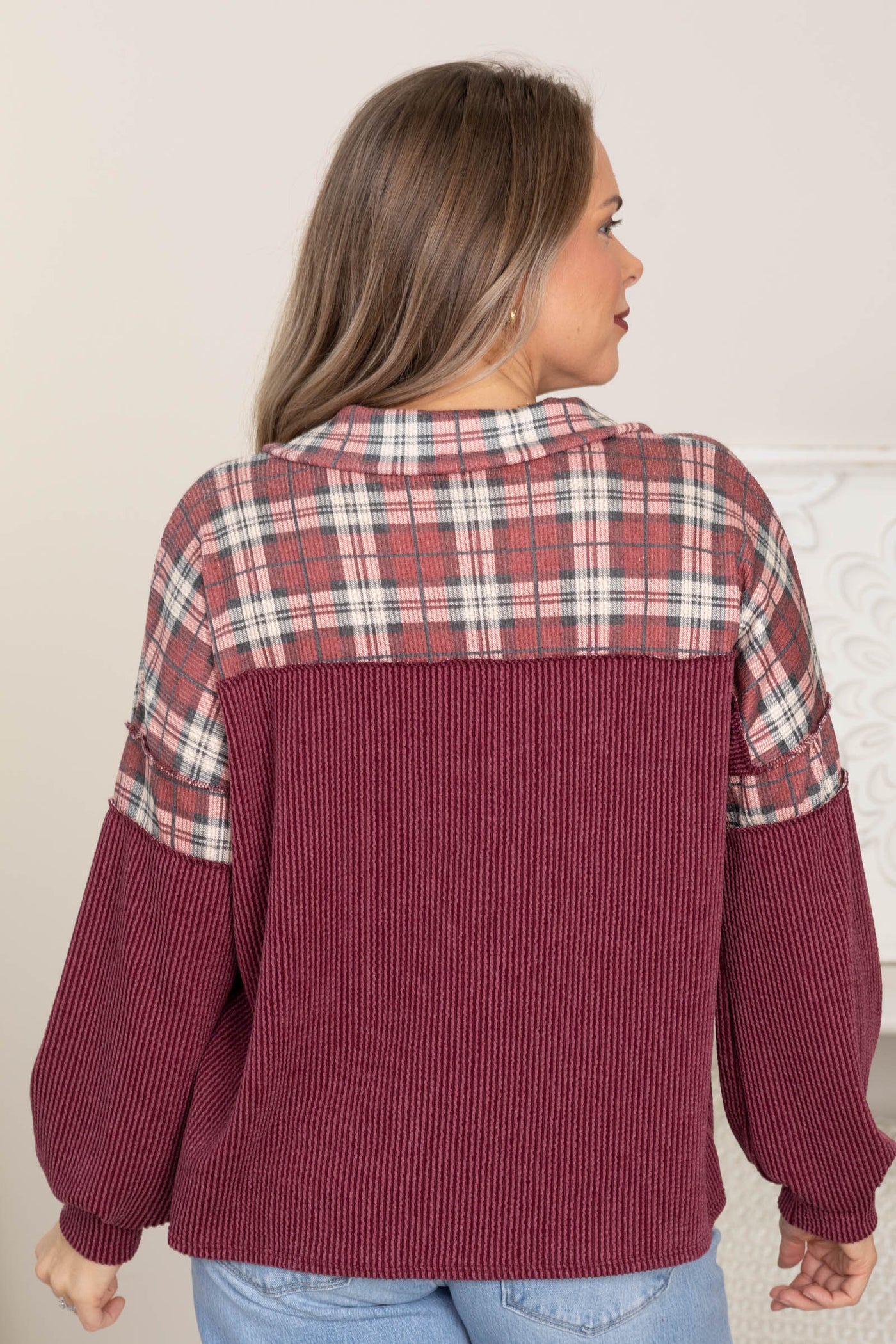 Wine Plaid And Ribbed Knit Long Sleeve Top