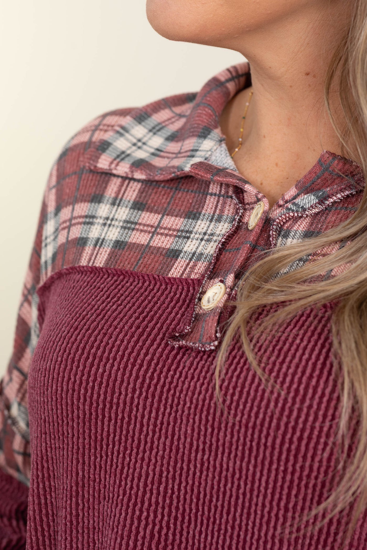 Wine Plaid And Ribbed Knit Long Sleeve Top