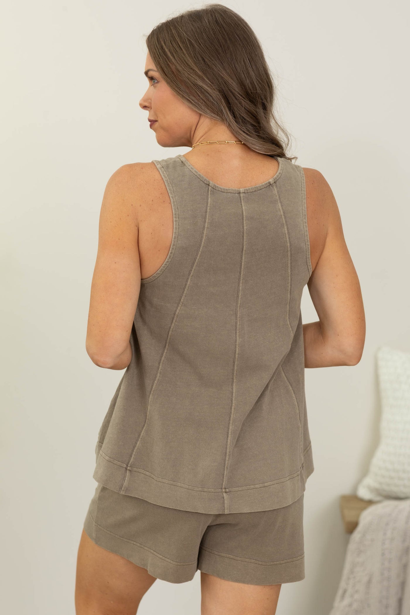 Washed Halter Round Neck Tank & Shorts Set- 100% Cotton