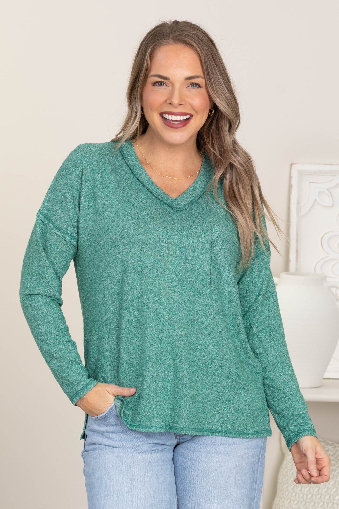 Soft Melange Hacci Exposed Seam Knit Top