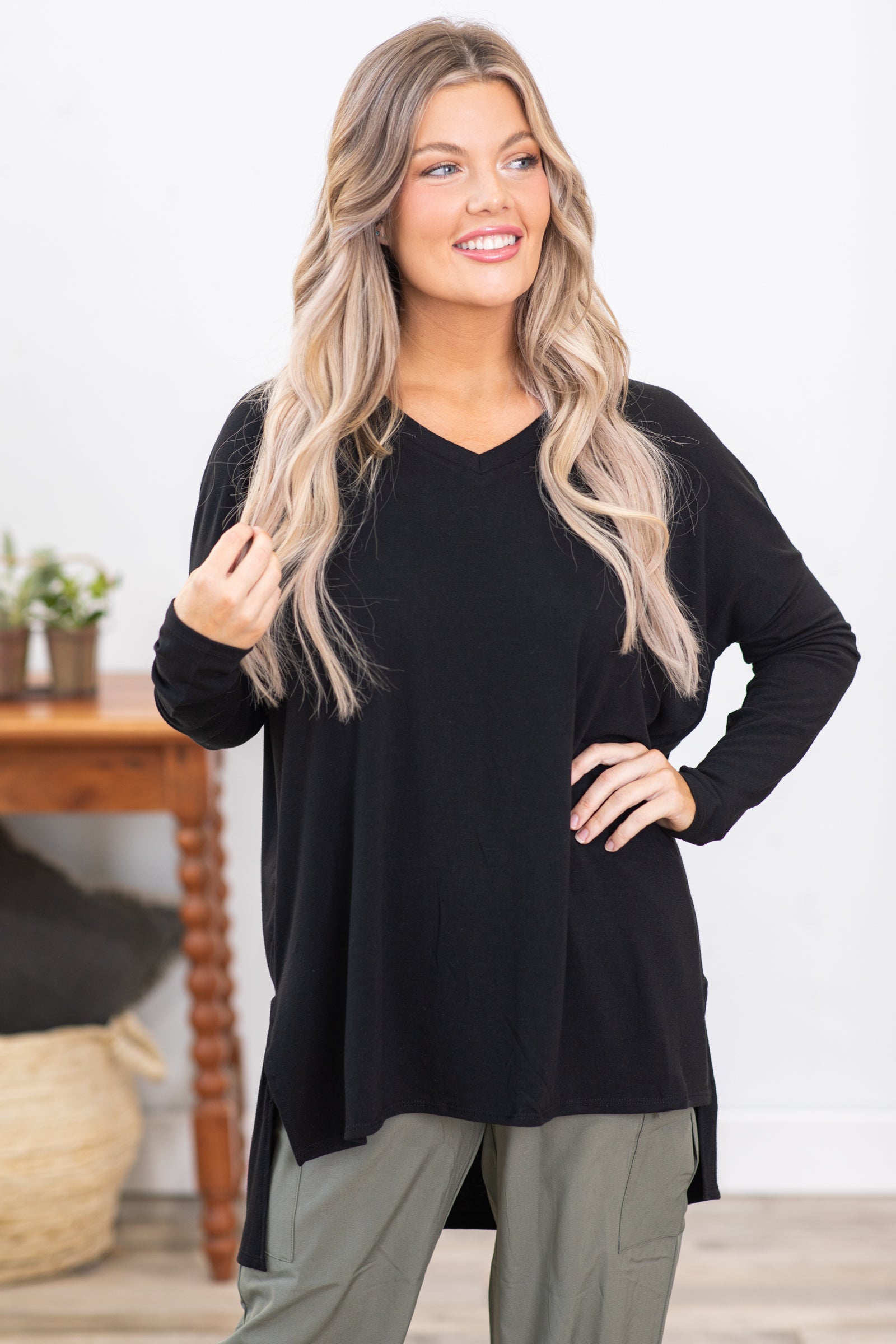 Black Long Sleeve Top With Side Slits