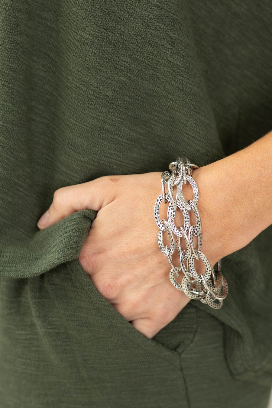 Hammered Silver Three Strand Chain Toggle Bracelet